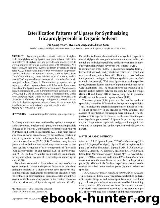 Esterification patterns of lipases for synthesizing tricaproylglycerols in organic solvent by Unknown