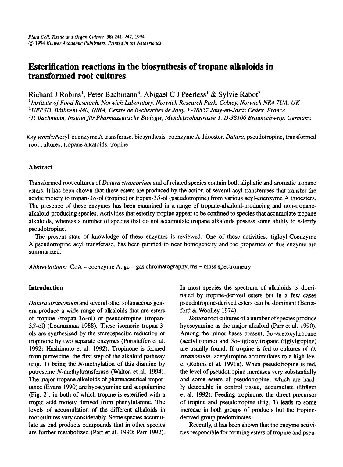 Esterification reactions in the biosynthesis of tropane alkaloids in transformed root cultures by Unknown