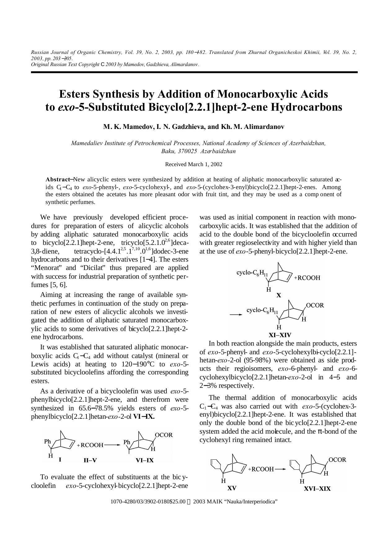 Esters Synthesis by Addition of Monocarboxylic Acids to exo-5-Substituted Bicyclo[2.2.1]hept-2-ene Hydrocarbons by Unknown