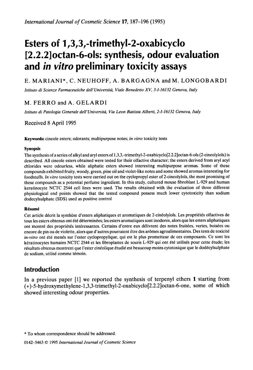 Esters of 1,3,3,-trimethyl-2-oxabicyclo [2.2.2]octan-6-ols: synthesis, odour evaluation and in vitro preliminary toxicity assays by Unknown