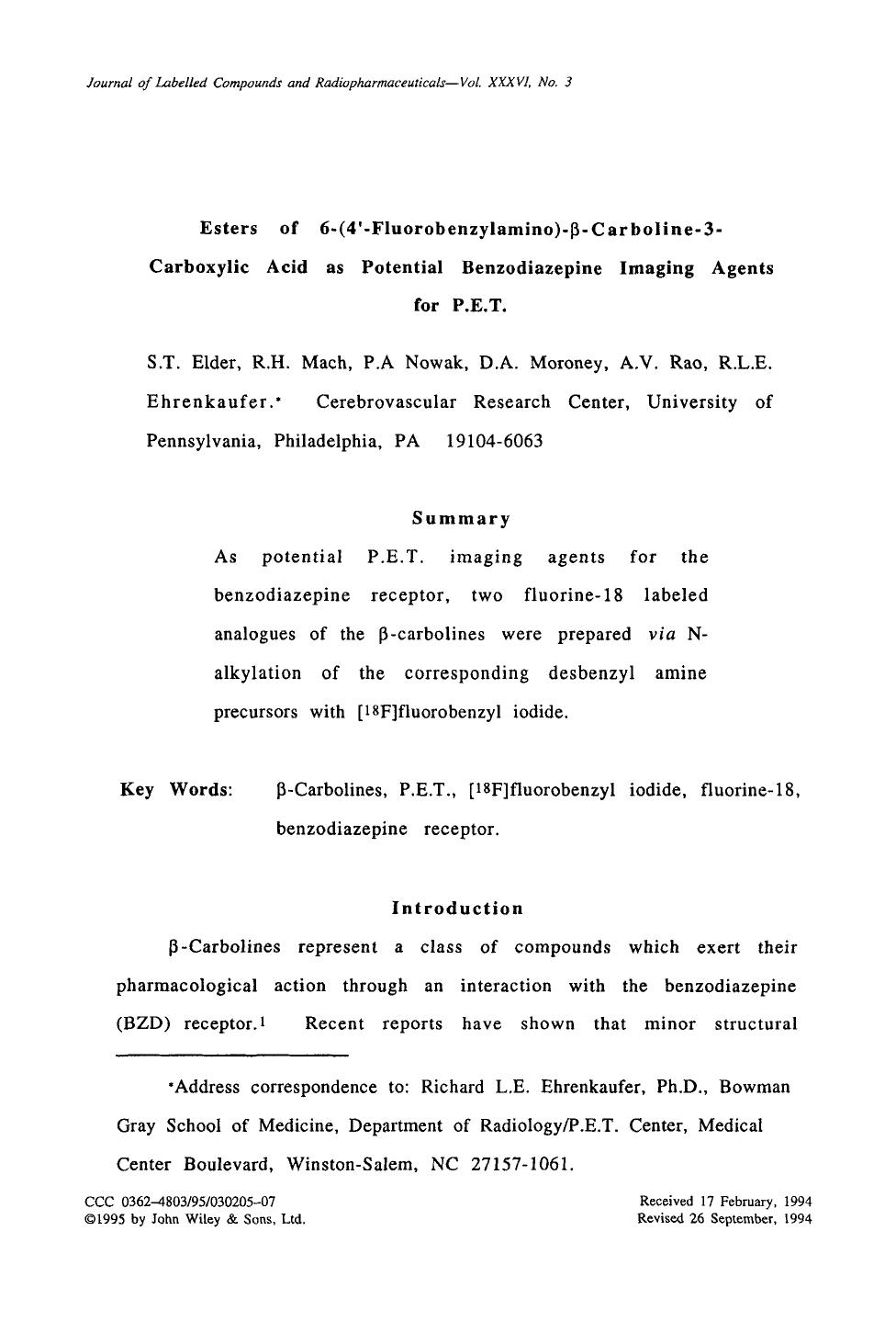 Esters of 6-(4[prime]-fluorobenzylamino)-[beta]- carboline-3-carboxylic acid as potential benzodiazepine imaging agents for P.E.T. by Unknown