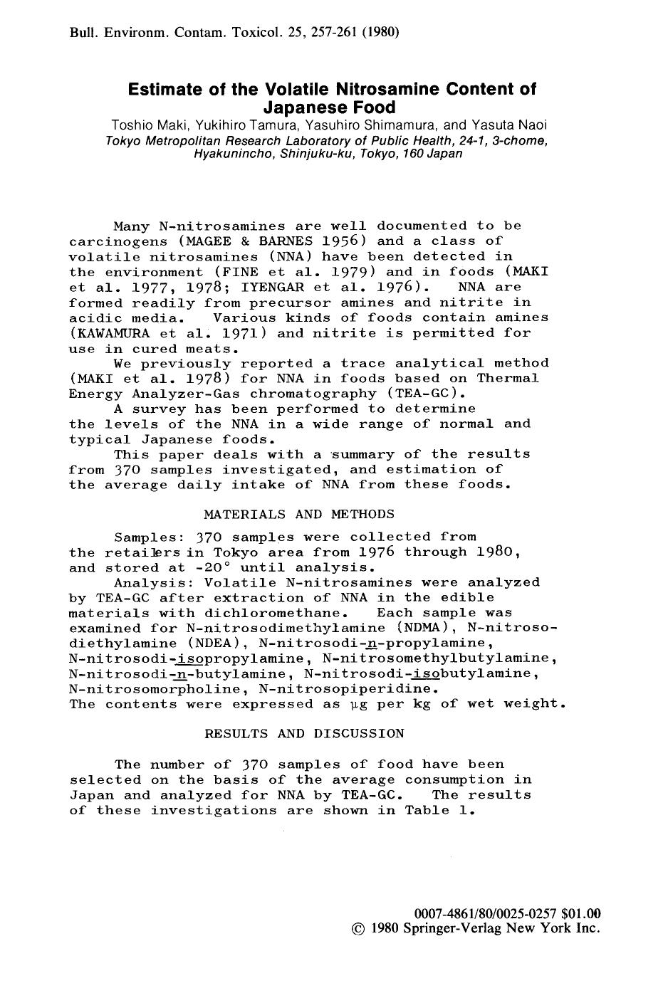 Estimate of the volatile nitrosamine content of Japanese food by Unknown