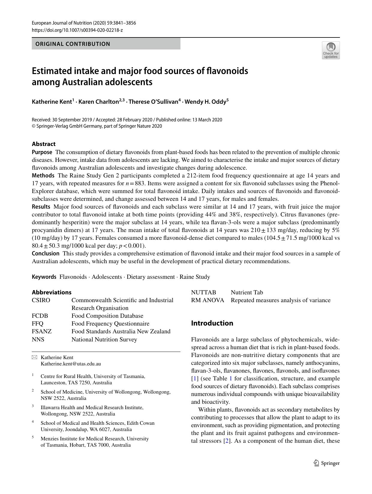 Estimated intake and major food sources of flavonoids among Australian adolescents by Katherine Kent & Karen Charlton & Therese O’Sullivan & Wendy H. Oddy