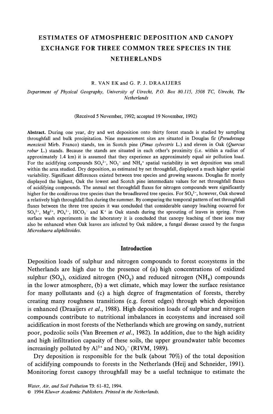 Estimates of atmospheric deposition and canopy exchange for three common tree species in the Netherlands by Unknown