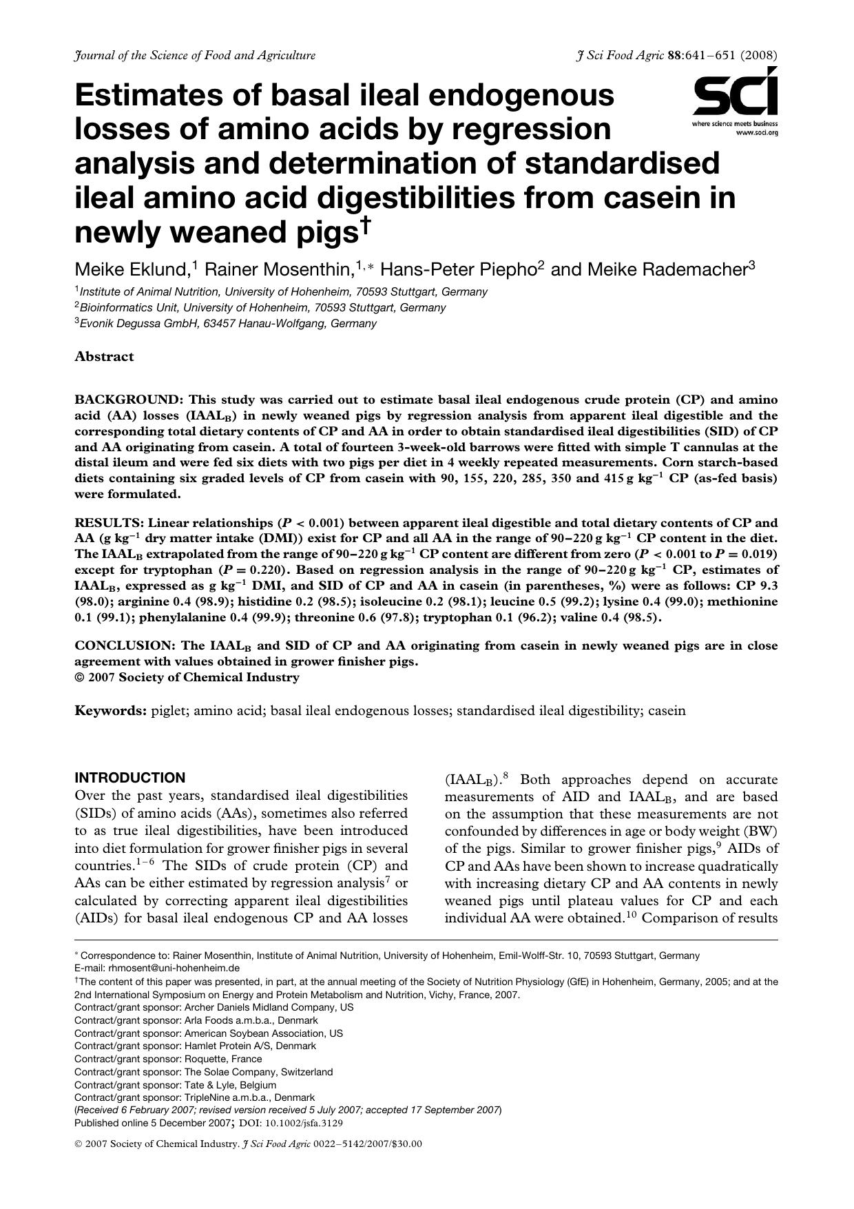 Estimates of basal ileal endogenous losses of amino acids by regression analysis and determination of standardised ileal amino acid digestibilities from casein in newly weaned pigs by Unknown