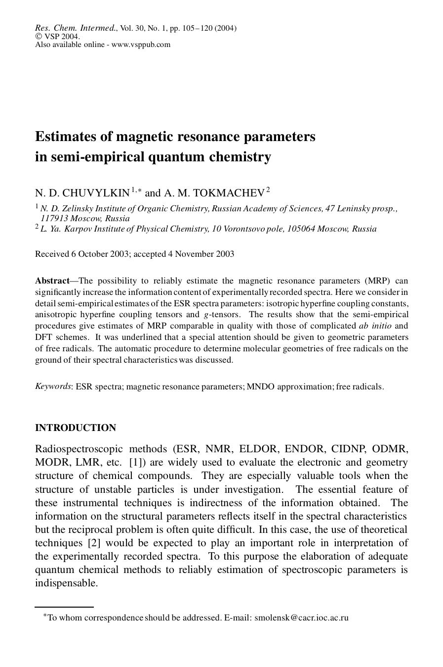 Estimates of magnetic resonance parameters in semi-empirical quantum chemistry by Unknown