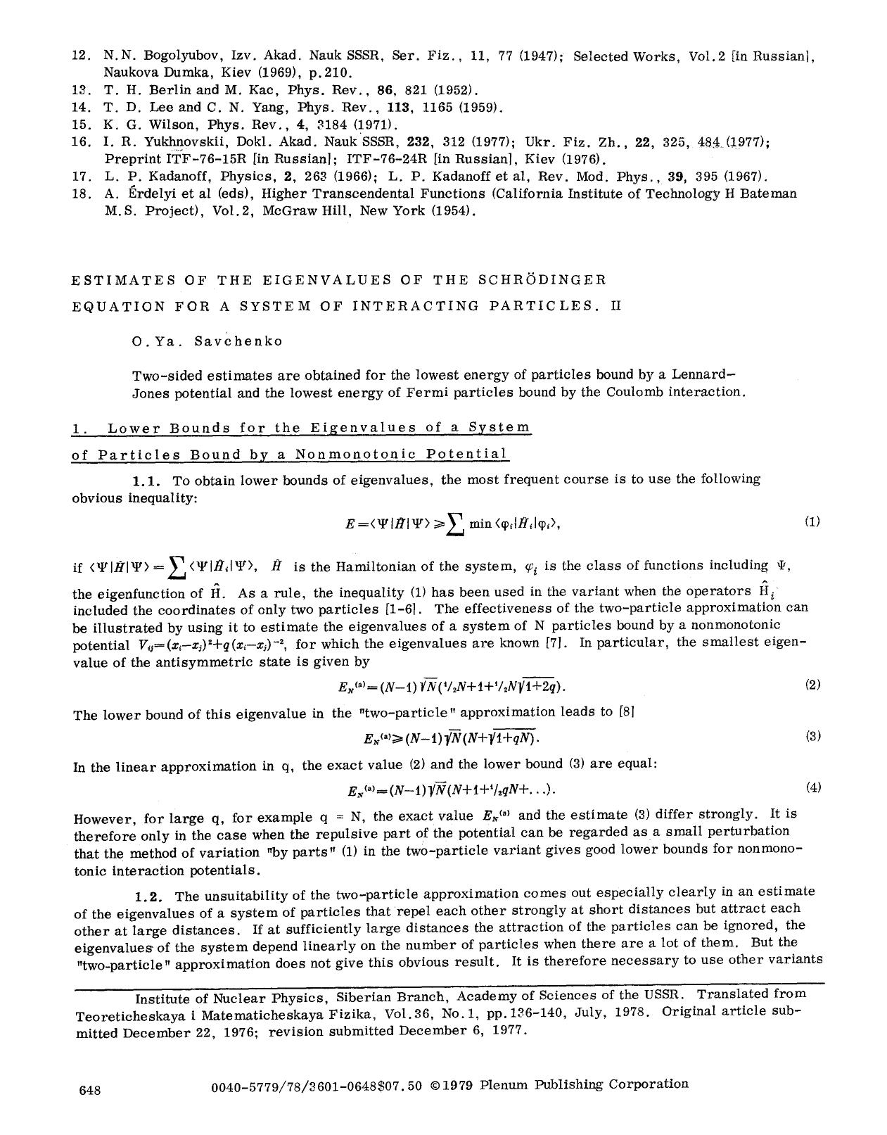 Estimates of the eigenvalues of the Schr&#x00F6;dinger equation for a system of interacting particles. II by Unknown