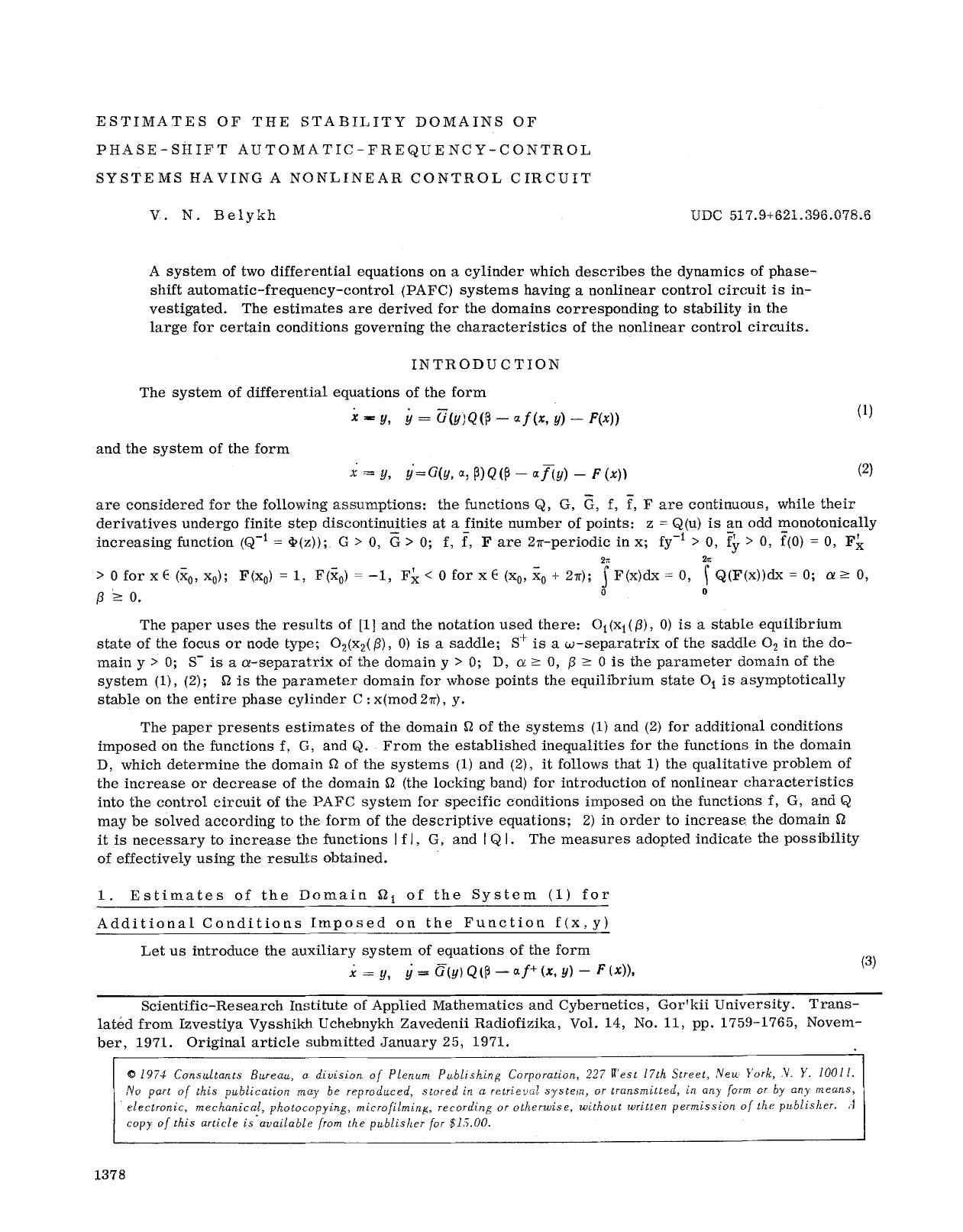 Estimates of the stability domains of phase-shift automatic-frequency-control systems having a nonlinear control circuit by Unknown