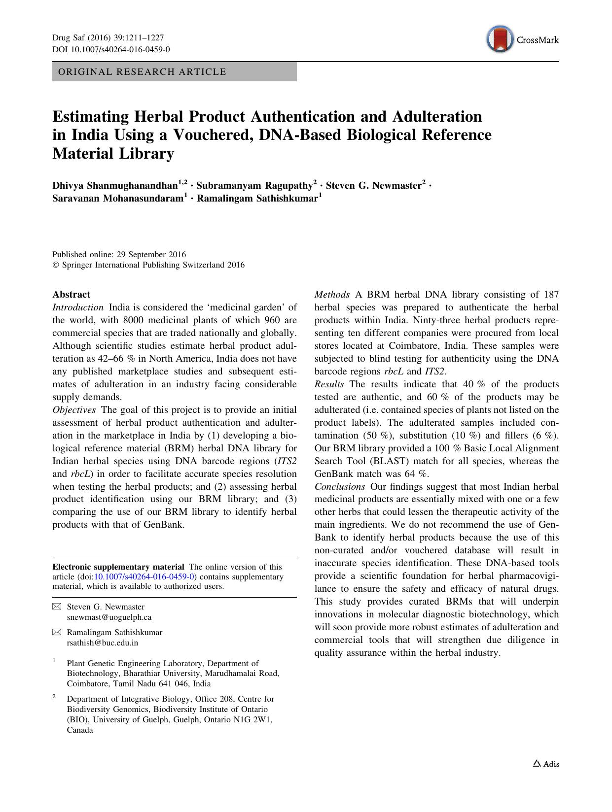 Estimating Herbal Product Authentication and Adulteration in India Using a Vouchered, DNA-Based Biological Reference Material Library by unknow