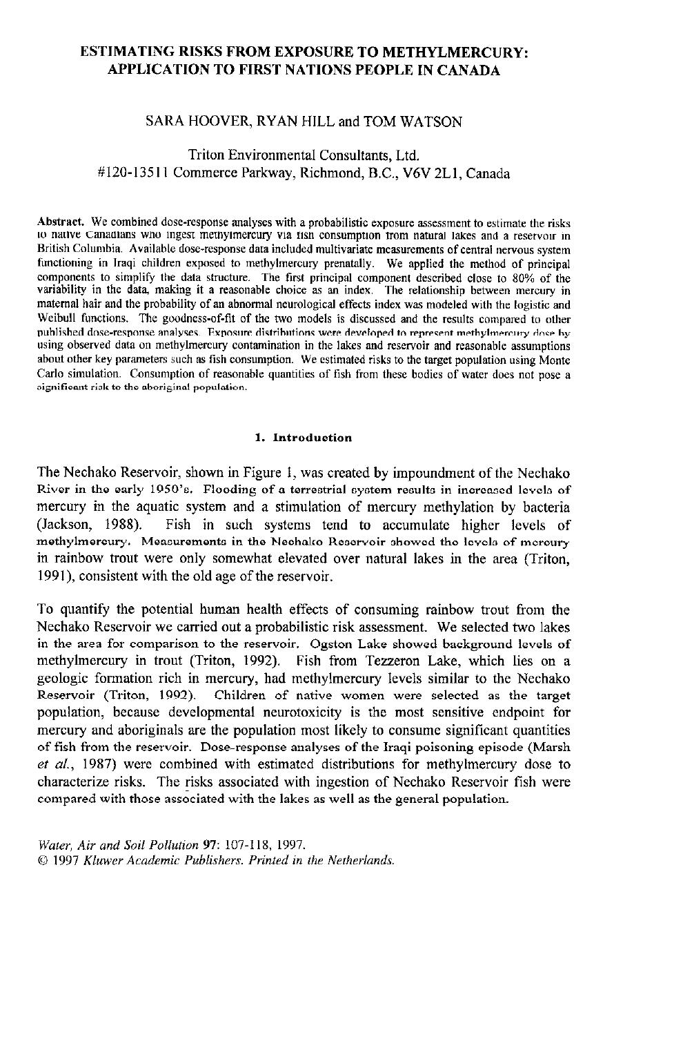 Estimating Risks from Exposure to Methylmercury: Application to First Nations People in Canada by Unknown