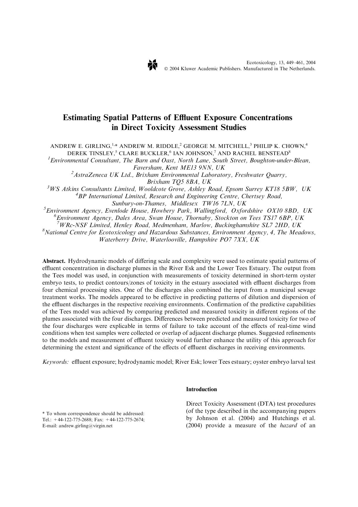 Estimating Spatial Patterns of Effluent Exposure Concentrations in Direct Toxicity Assessment Studies by Unknown