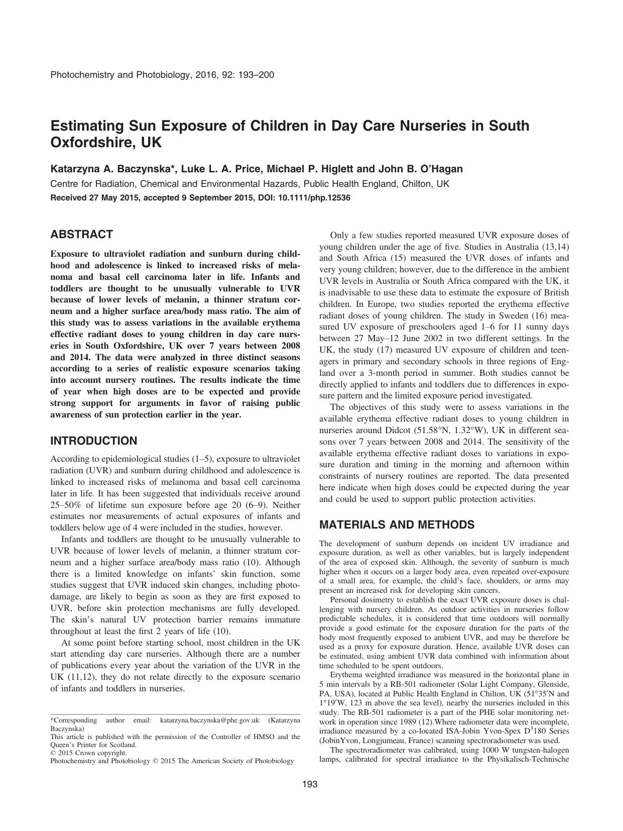 Estimating Sun Exposure of Children in Day Care Nurseries in South Oxfordshire, UK by Unknown