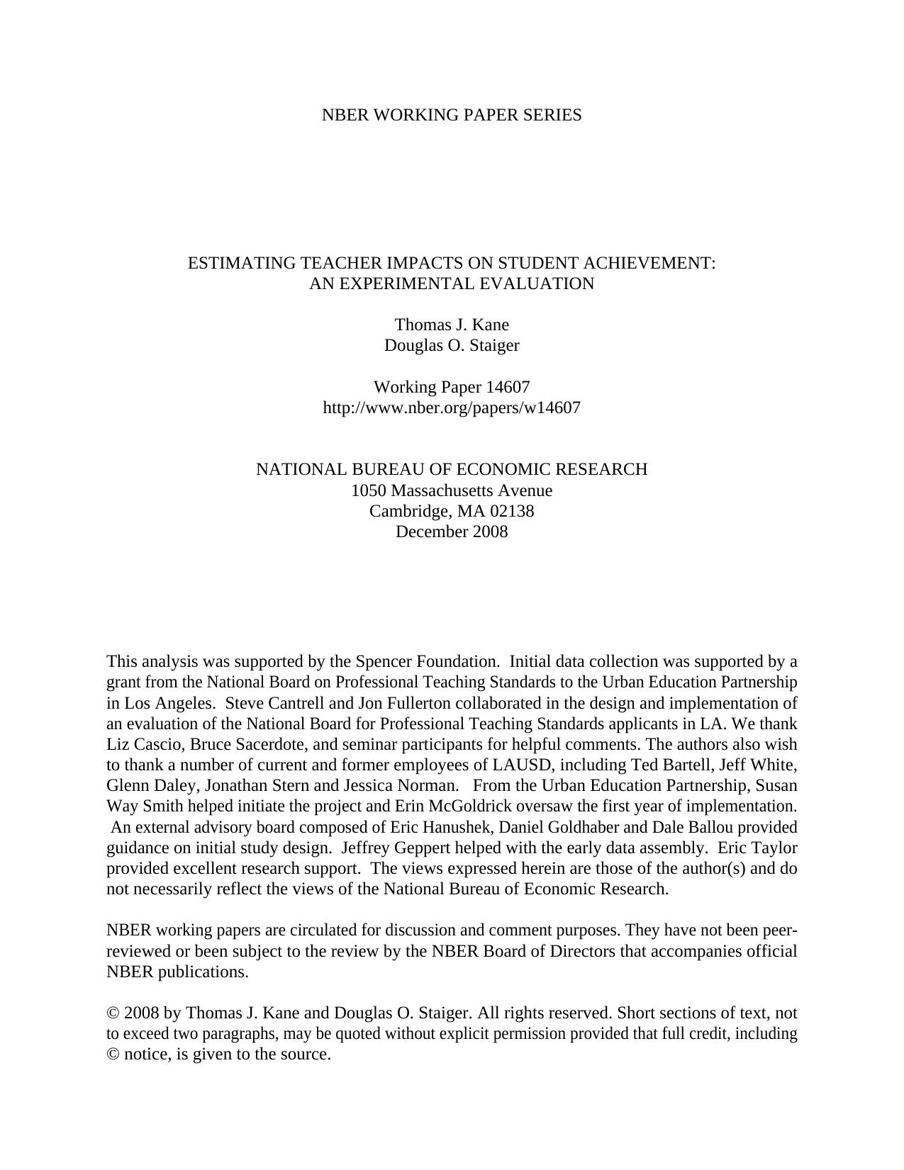 Estimating Teacher Impacts on Student Achievement by An Experimental Evaluation (2008) by Thomas J. Kane & Douglas O. Staiger