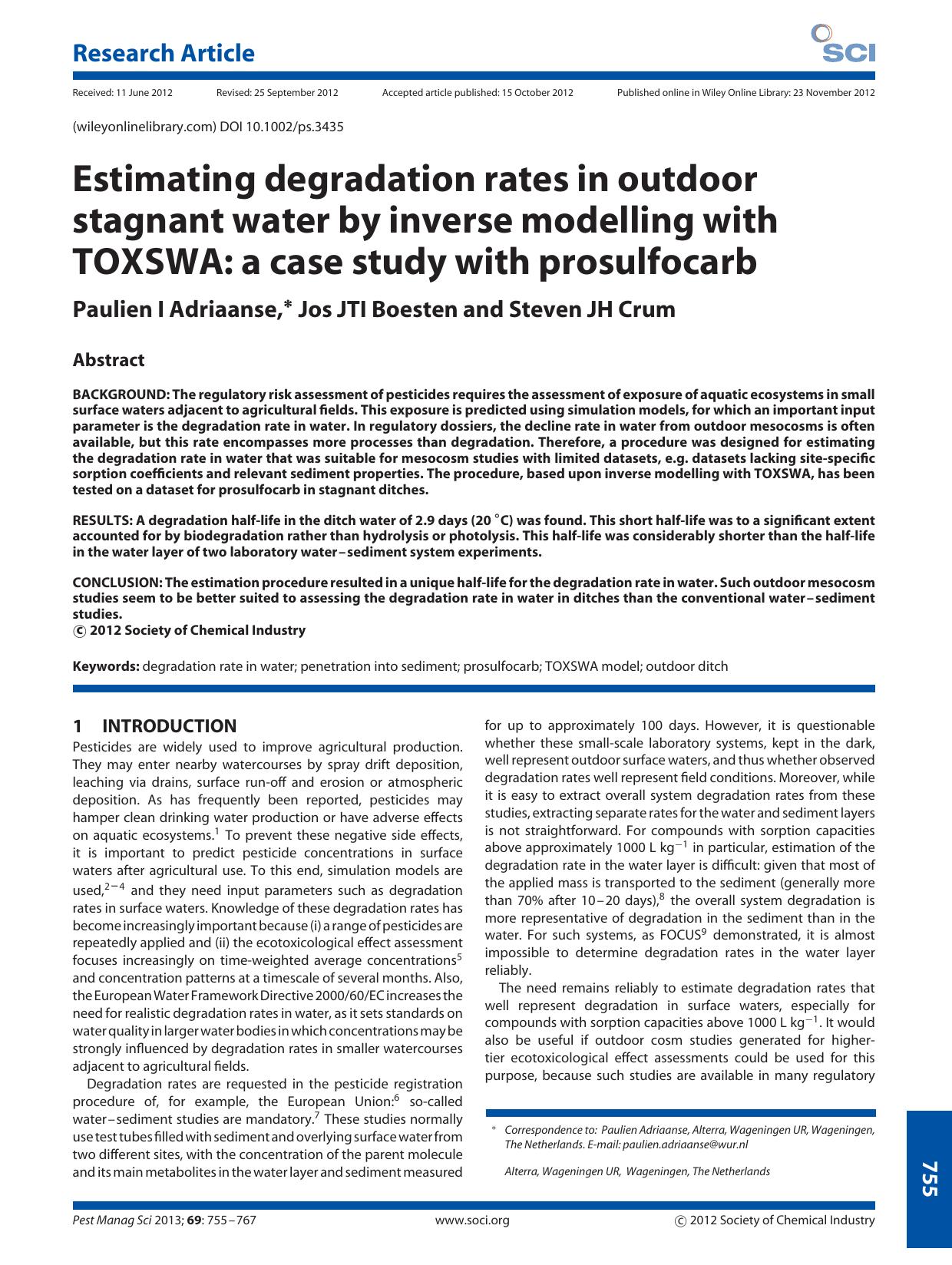 Estimating degradation rates in outdoor stagnant water by inverse modelling with TOXSWA: a case study with prosulfocarb by Unknown