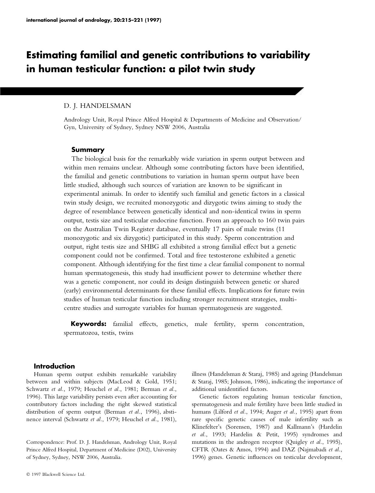 Estimating familial and genetic contributions to variability in human testicular function: a pilot twin study by A Pilot Twin Study (1997) by D. J. Handelsman