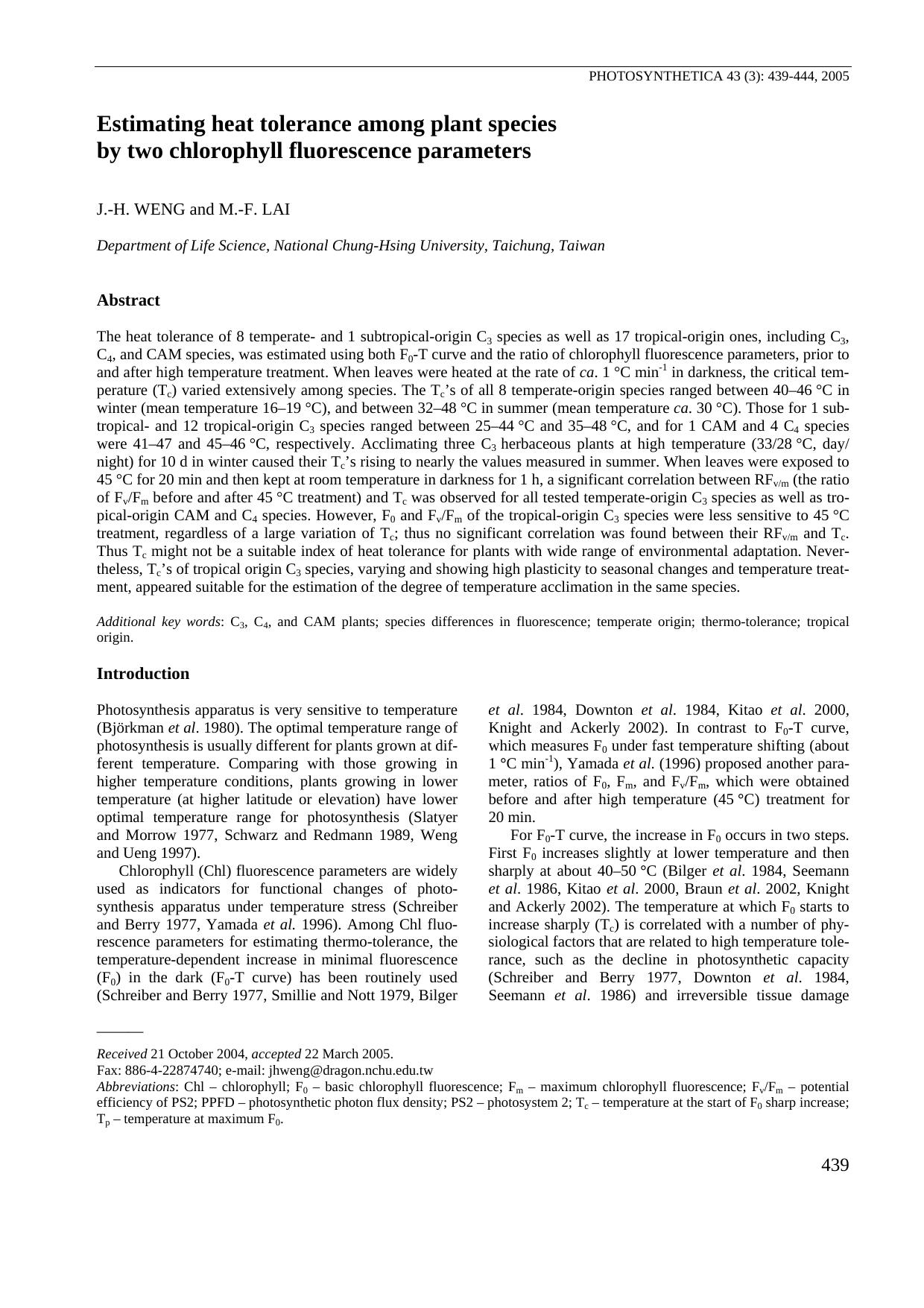 Estimating heat tolerance among plant species by two chlorophyll fluorescence parameters by Unknown