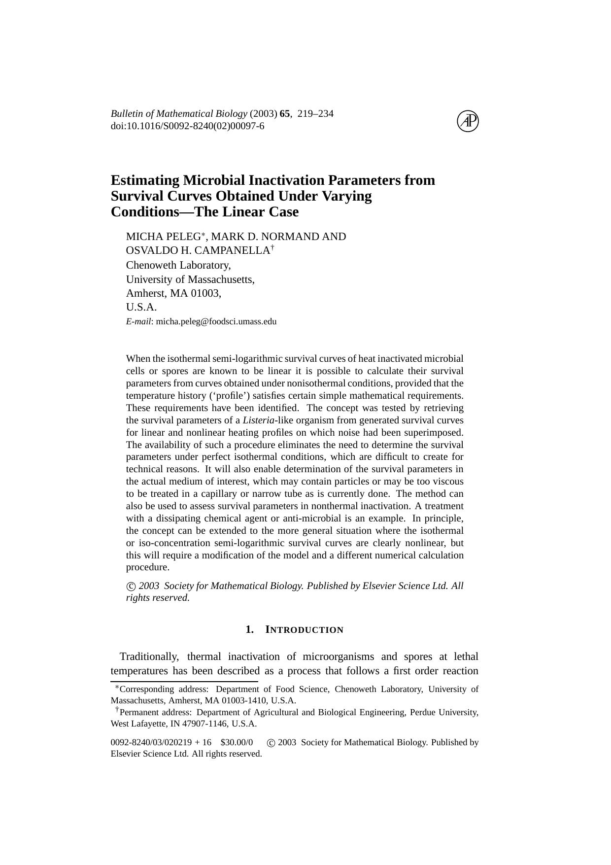Estimating microbial inactivation parameters from survival curves obtained under varying conditions&#x2014;The linear case by Unknown