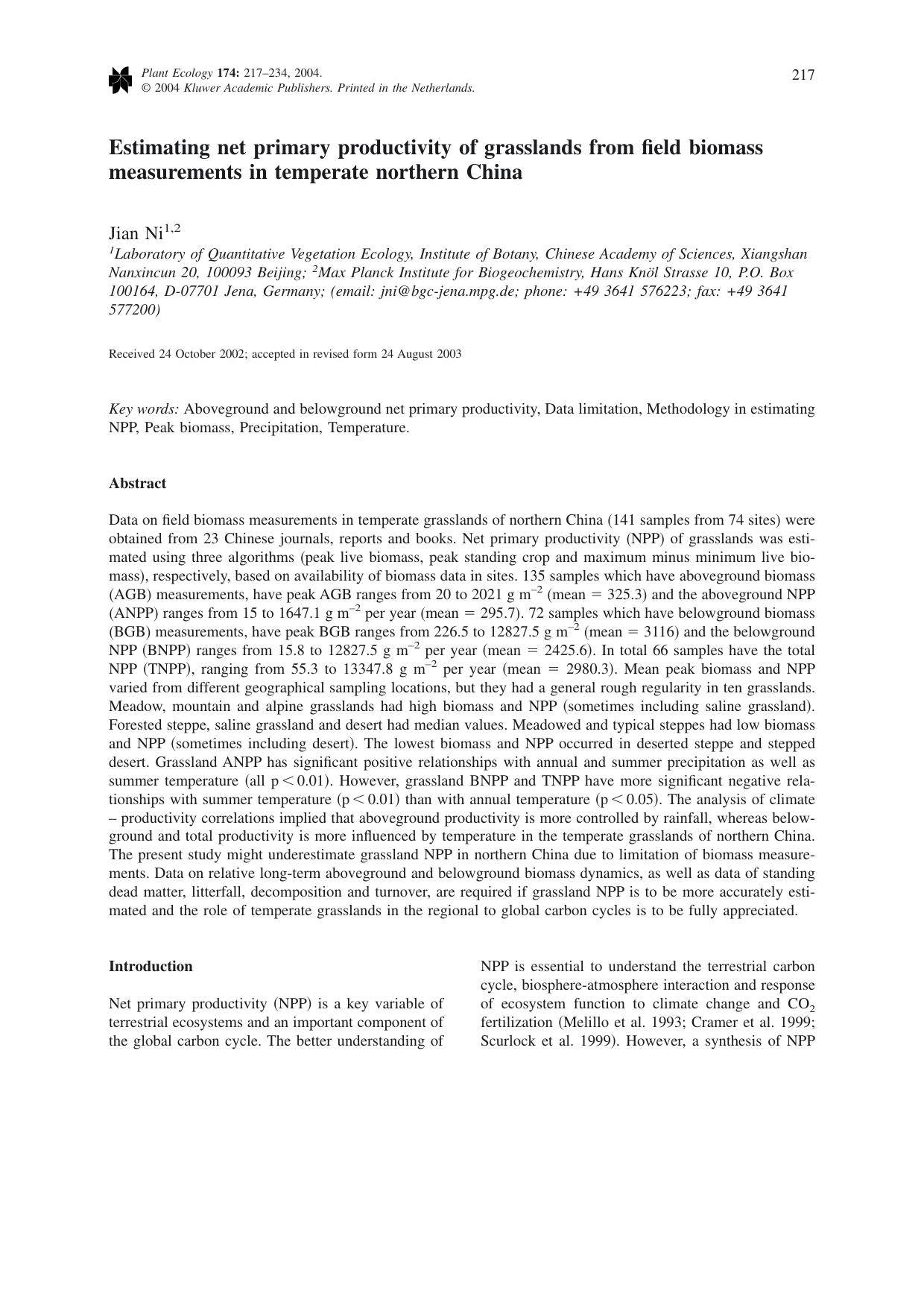 Estimating net primary productivity of grasslands from field biomass measurements in temperate northern China by Unknown