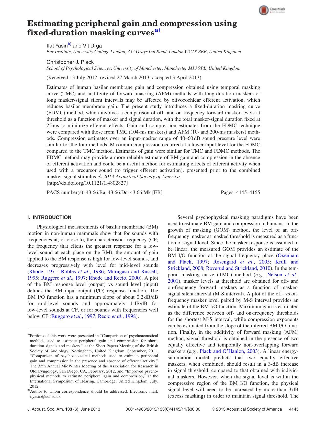 Estimating peripheral gain and compression using fixed-duration masking curvesa) by Ifat Yasinb) and Vit Drga Christopher J. Plack