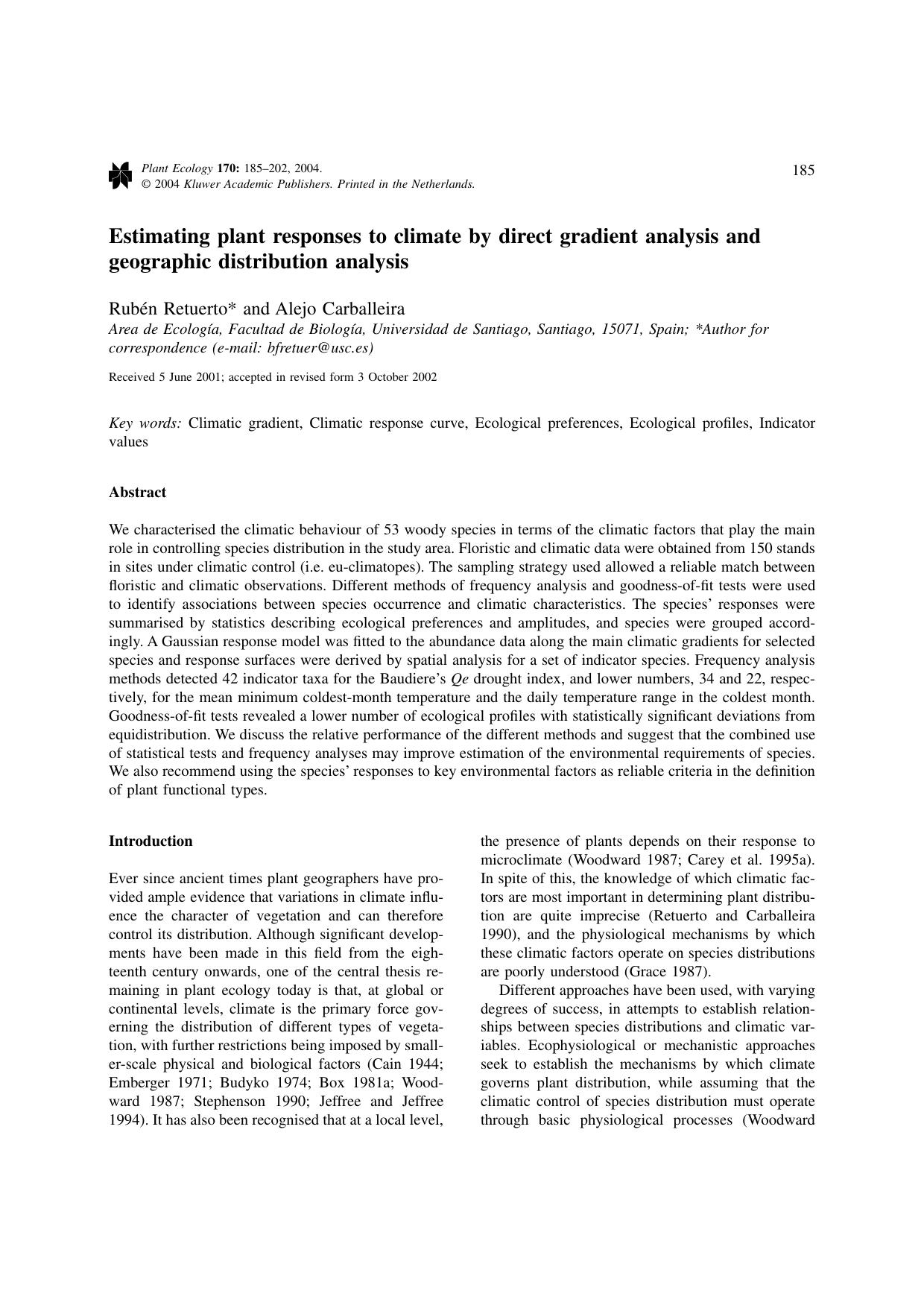 Estimating plant responses to climate by direct gradient analysis and geographic distribution analysis by Unknown