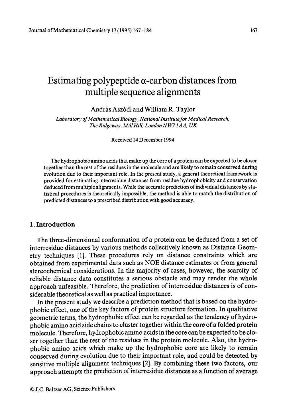 Estimating polypeptide <Emphasis Type="Italic">&#x03B1; <Emphasis>-carbon distances from multiple sequence alignments by Unknown