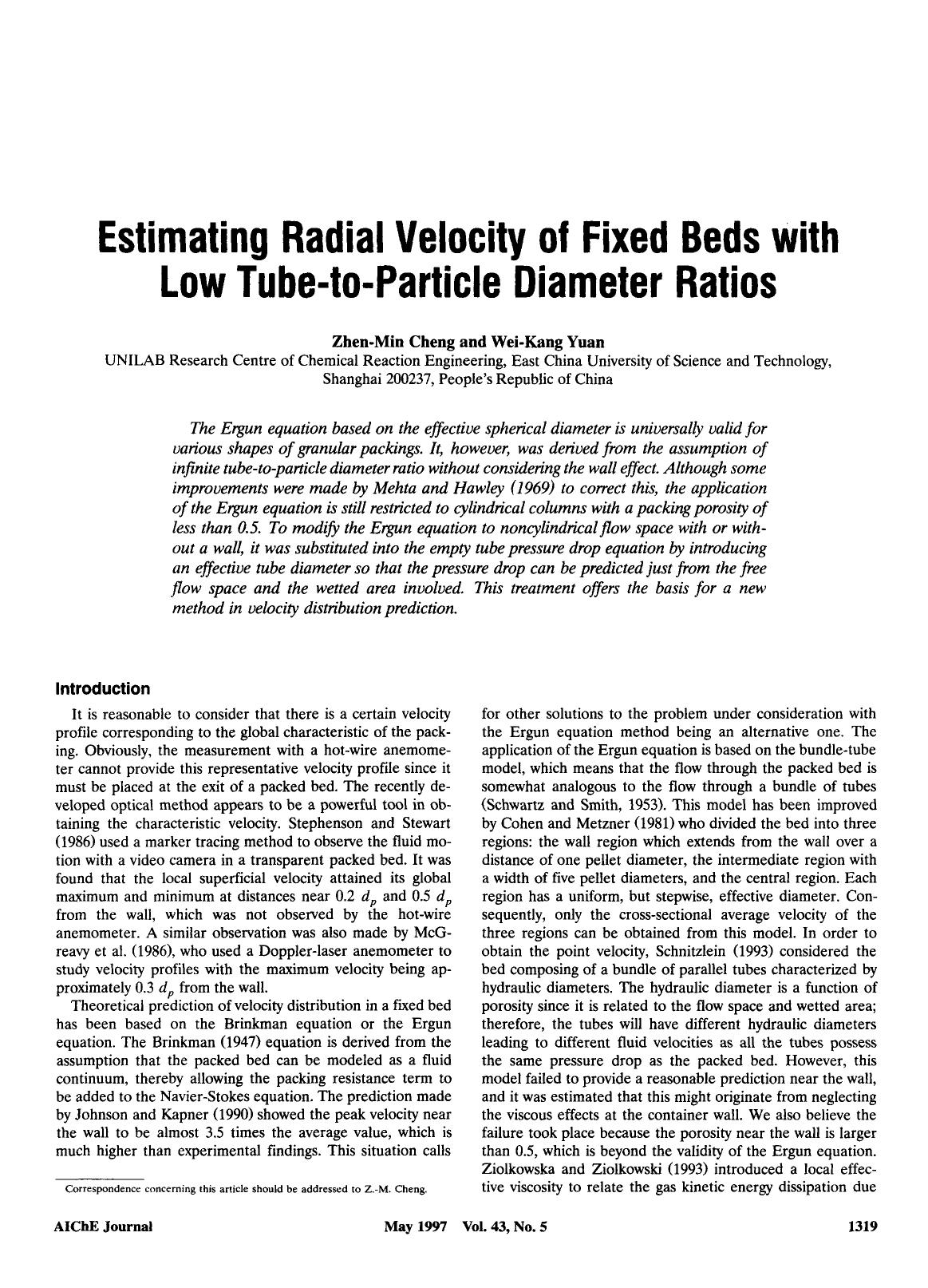 Estimating radial velocity of fixed beds with low tube-to-particle diameter ratios by Unknown