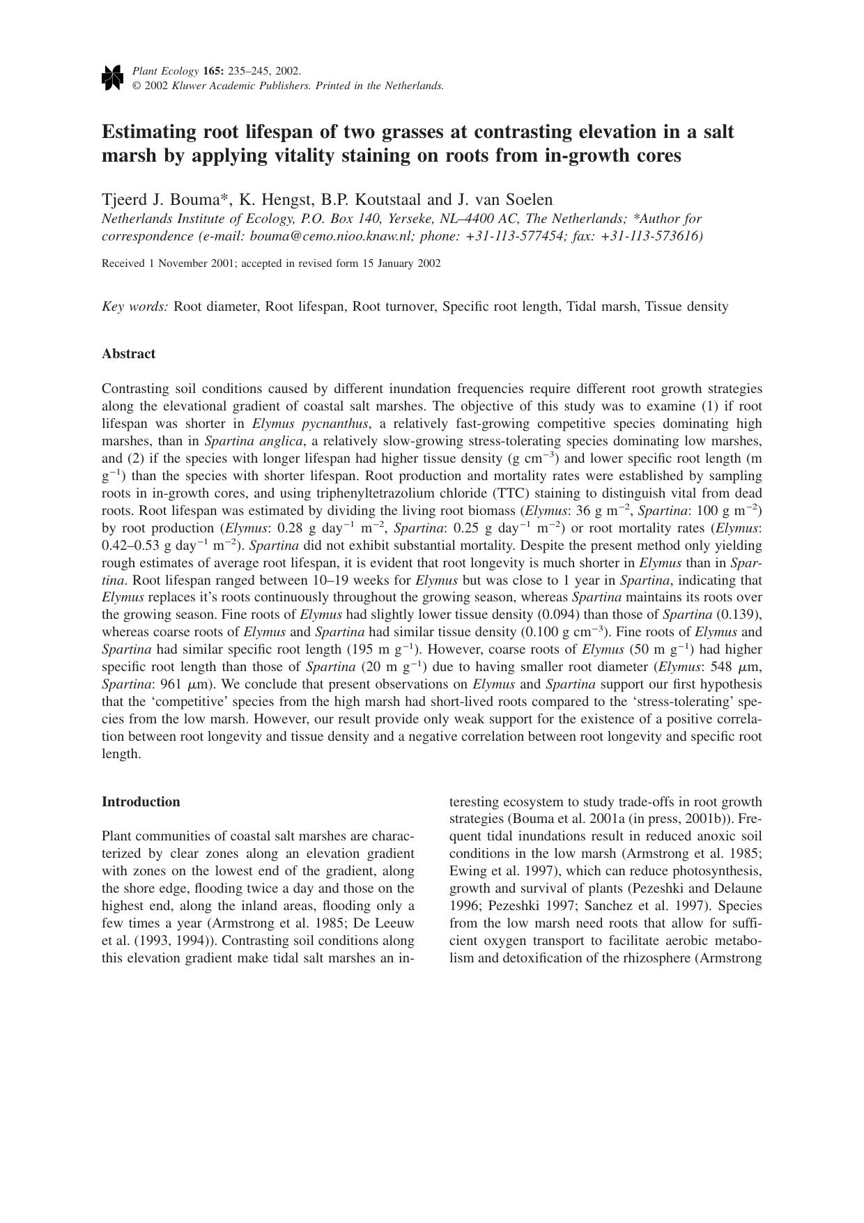 Estimating root lifespan of two grasses at contrasting elevation in a salt marsh by applying vitality staining on roots from in-growth cores by Unknown