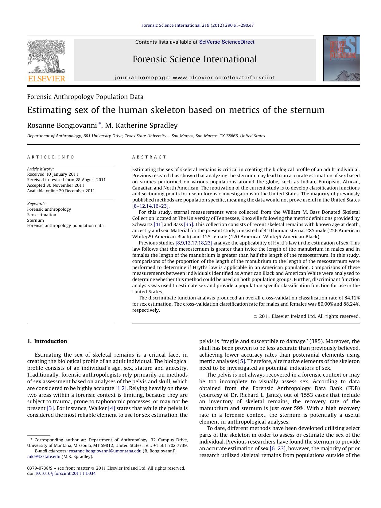 Estimating sex of the human skeleton based on metrics of the sternum by Rosanne Bongiovanni