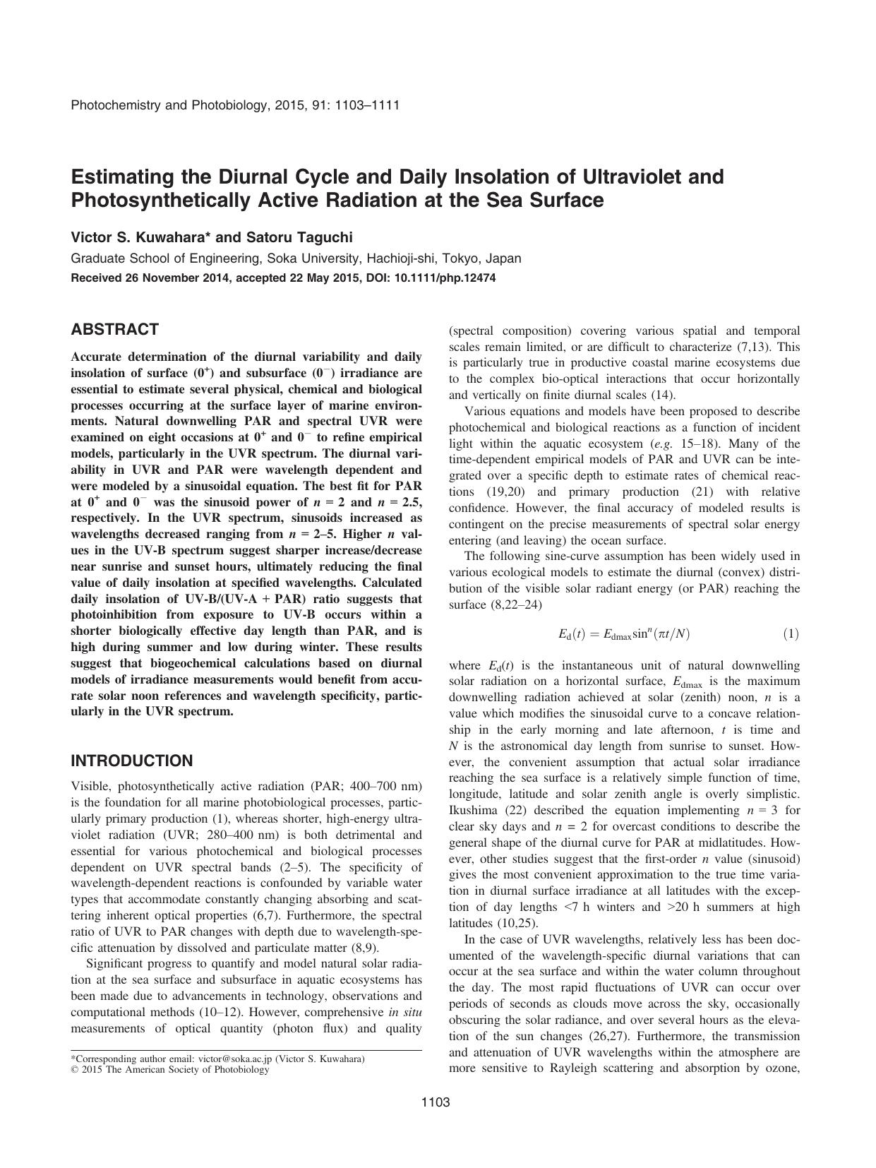 Estimating the Diurnal Cycle and Daily Insolation of Ultraviolet and Photosynthetically Active Radiation at the Sea Surface by Unknown