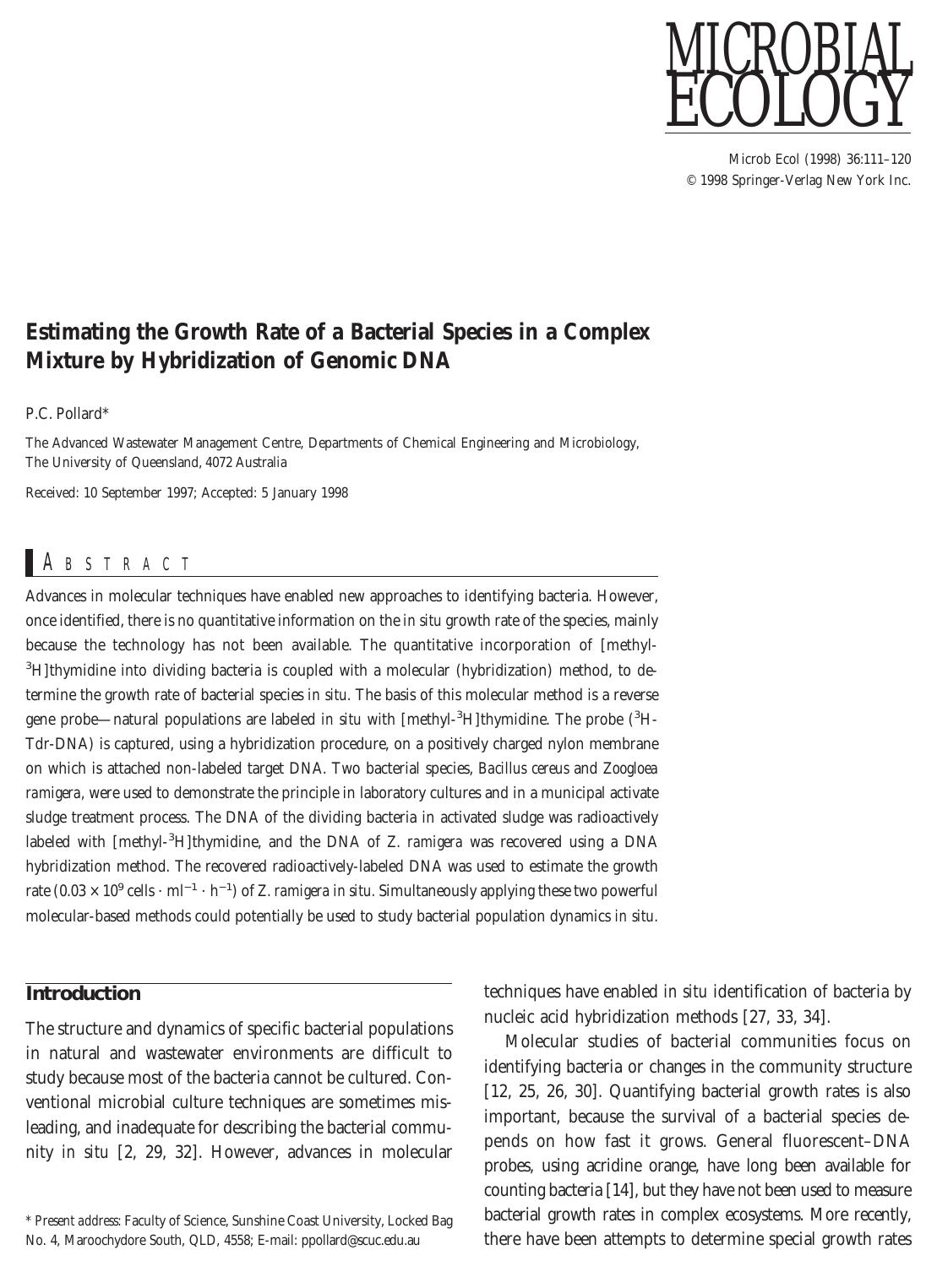 Estimating the Growth Rate of a Bacterial Species in a Complex Mixture by Hybridization of Genomic DNA by Pollard P