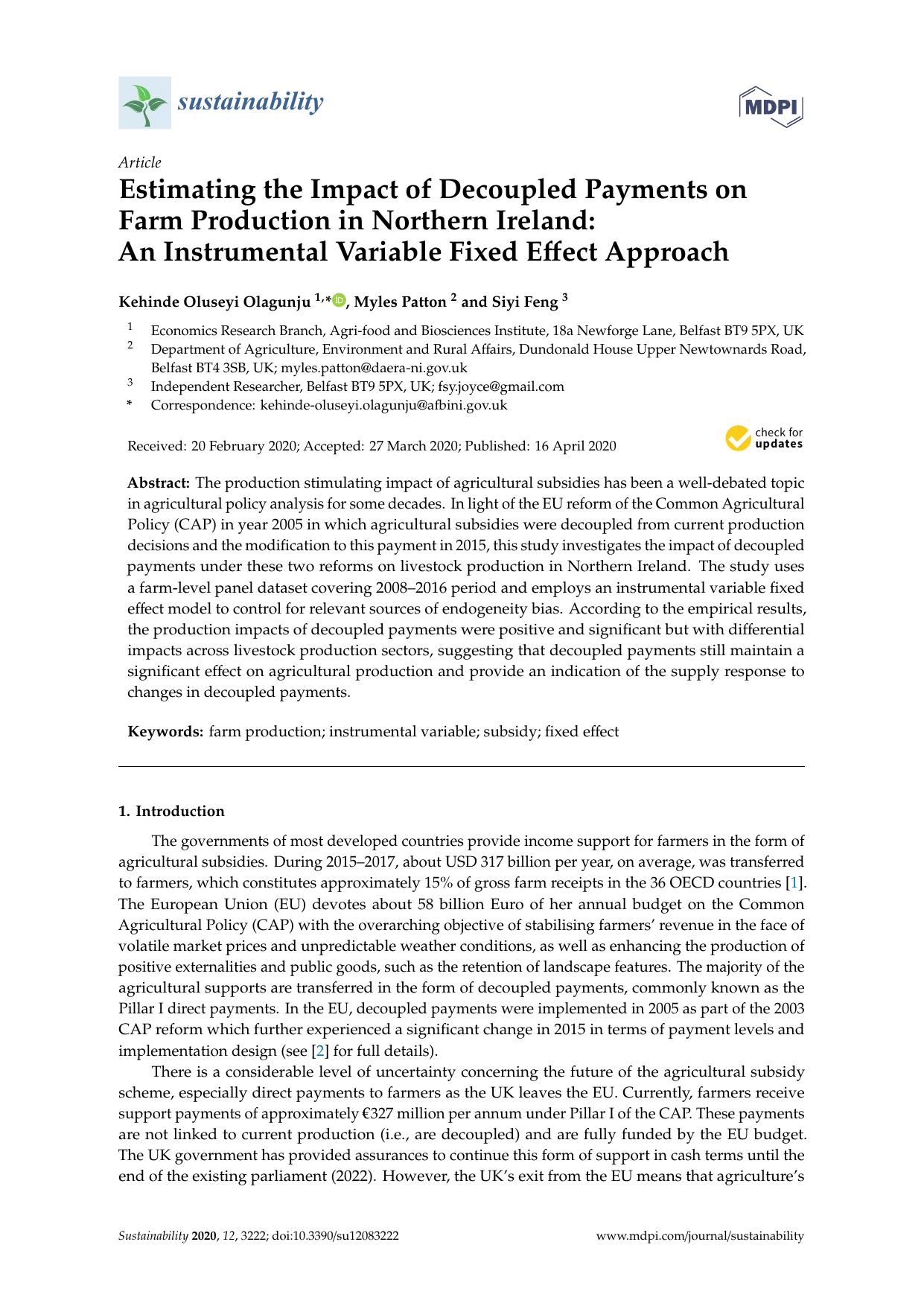 Estimating the Impact of Decoupled Payments on Farm Production in Northern Ireland: An Instrumental Variable Fixed Effect Approach by Kehinde Oluseyi Olagunju