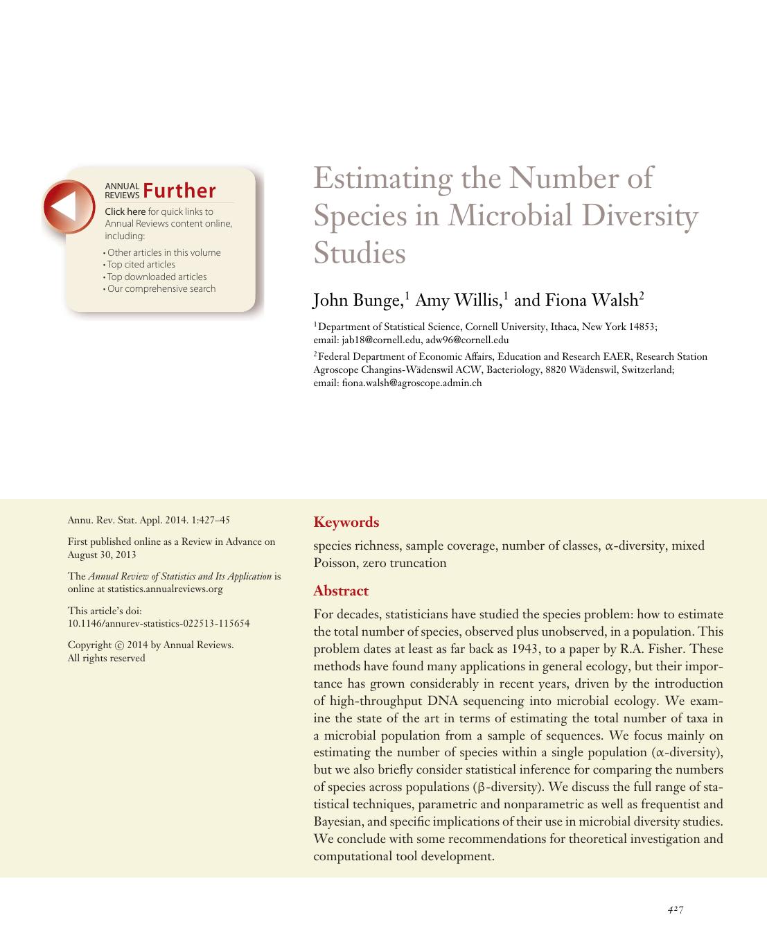 Estimating the Number of Species in Microbial Diversity Studies by John Bunge Amy Willis Fiona Walsh