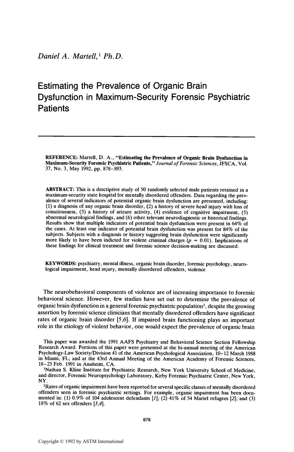 Estimating the Prevalence of Organic Brain Dysfunction in Maximum-Security Forensic Psychiatric Patients by Martell DA
