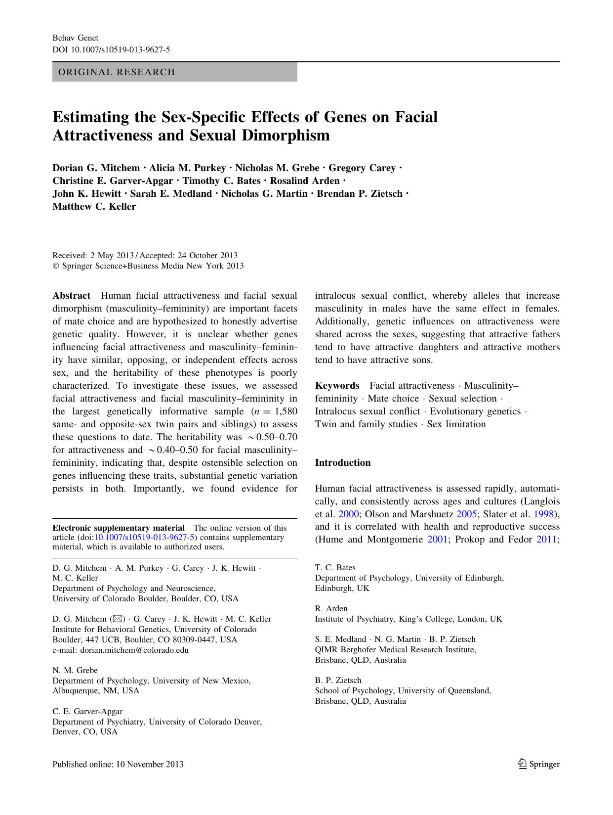 Estimating the Sex-Specific Effects of Genes on Facial Attractiveness and Sexual Dimorphism (2013) by Dorian G. Mitchem, et al by Unknown