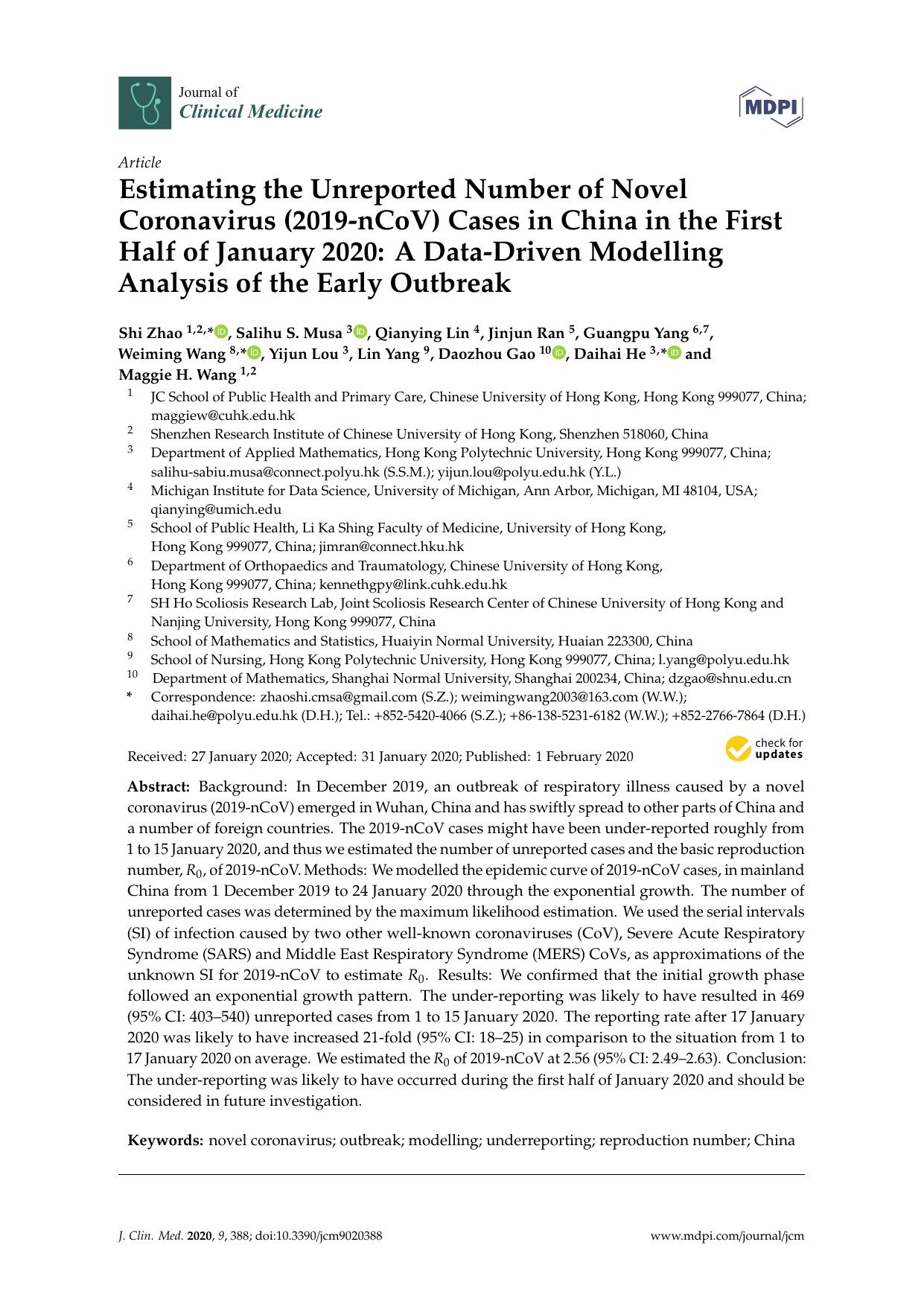 Estimating the Unreported Number of Novel Coronavirus (2019-nCoV) Cases in China in the First Half of January 2020: A Data-Driven Modelling Analysis of the Early Outbreak by Shi Zhao