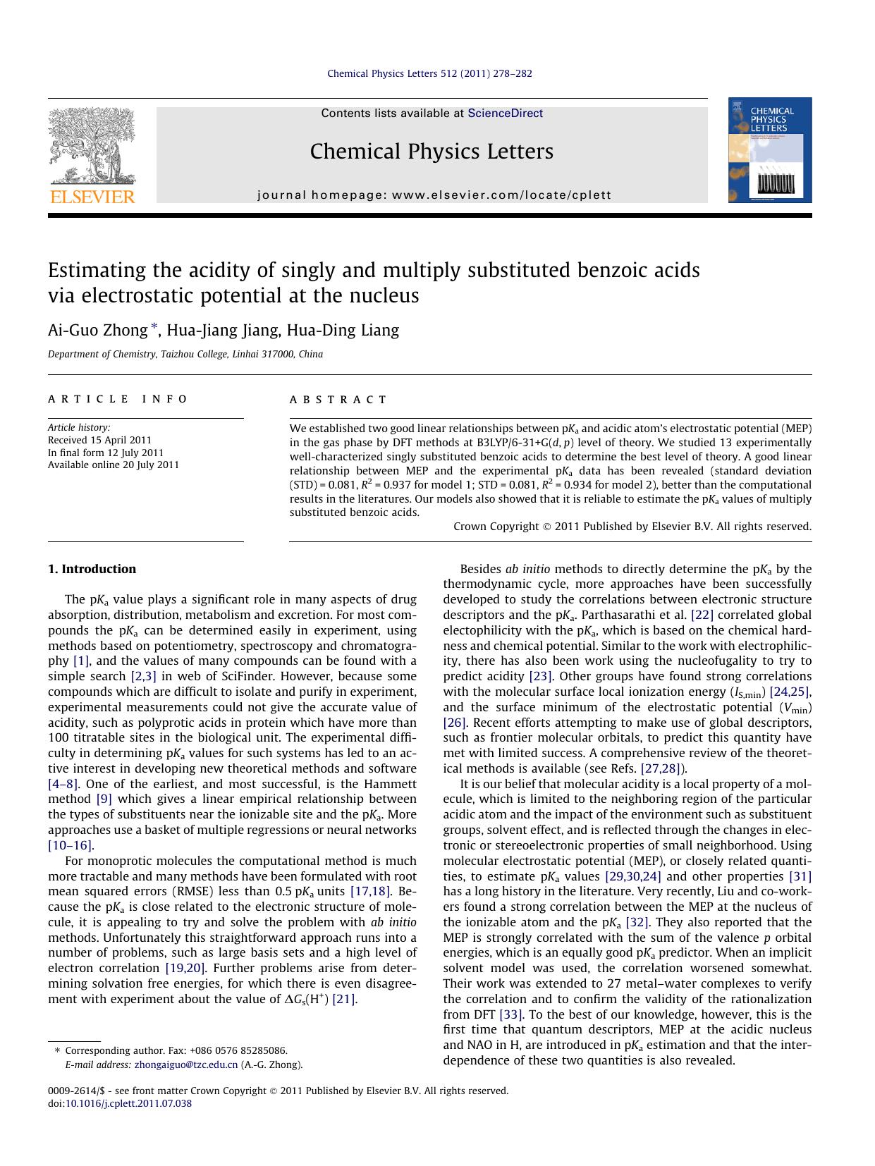 Estimating the acidity of singly and multiply substituted benzoic acids via electrostatic potential at the nucleus by Ai-Guo Zhong & Hua-Jiang Jiang & Hua-Ding Liang