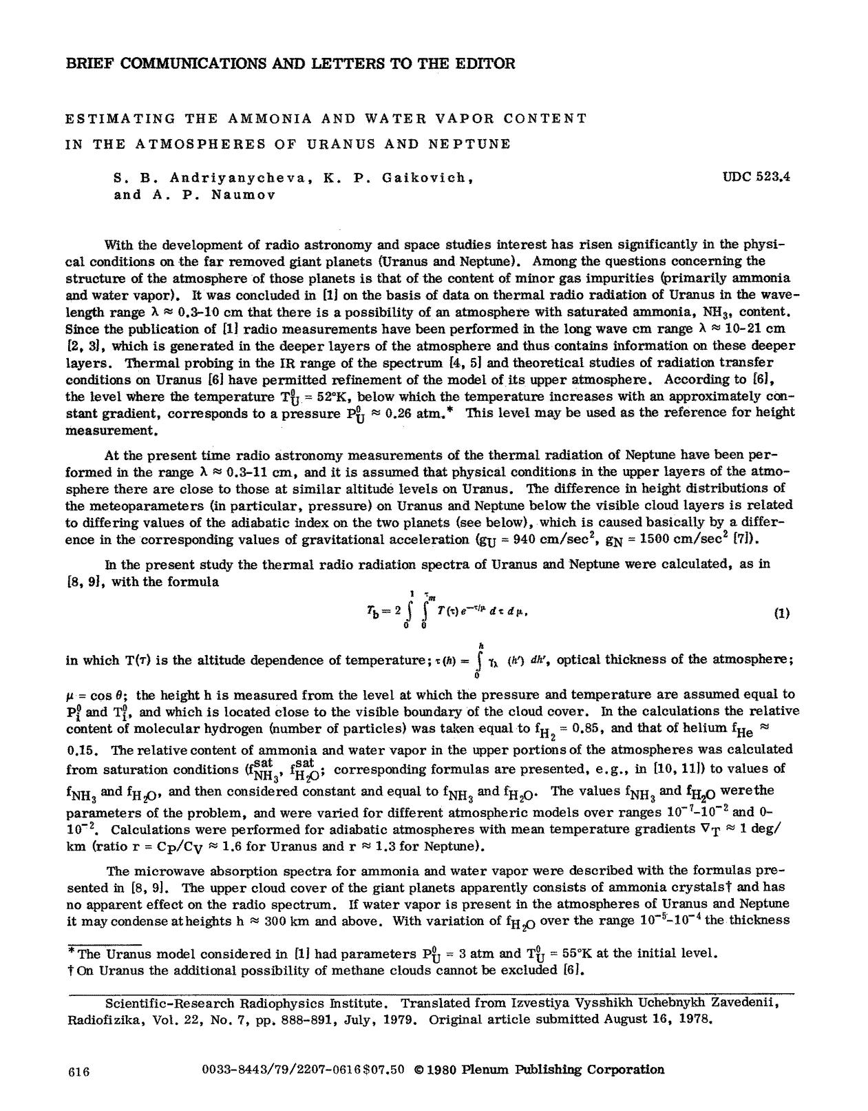 Estimating the ammonia and water vapor content in the atmospheres of Uranus and Neptune by Unknown
