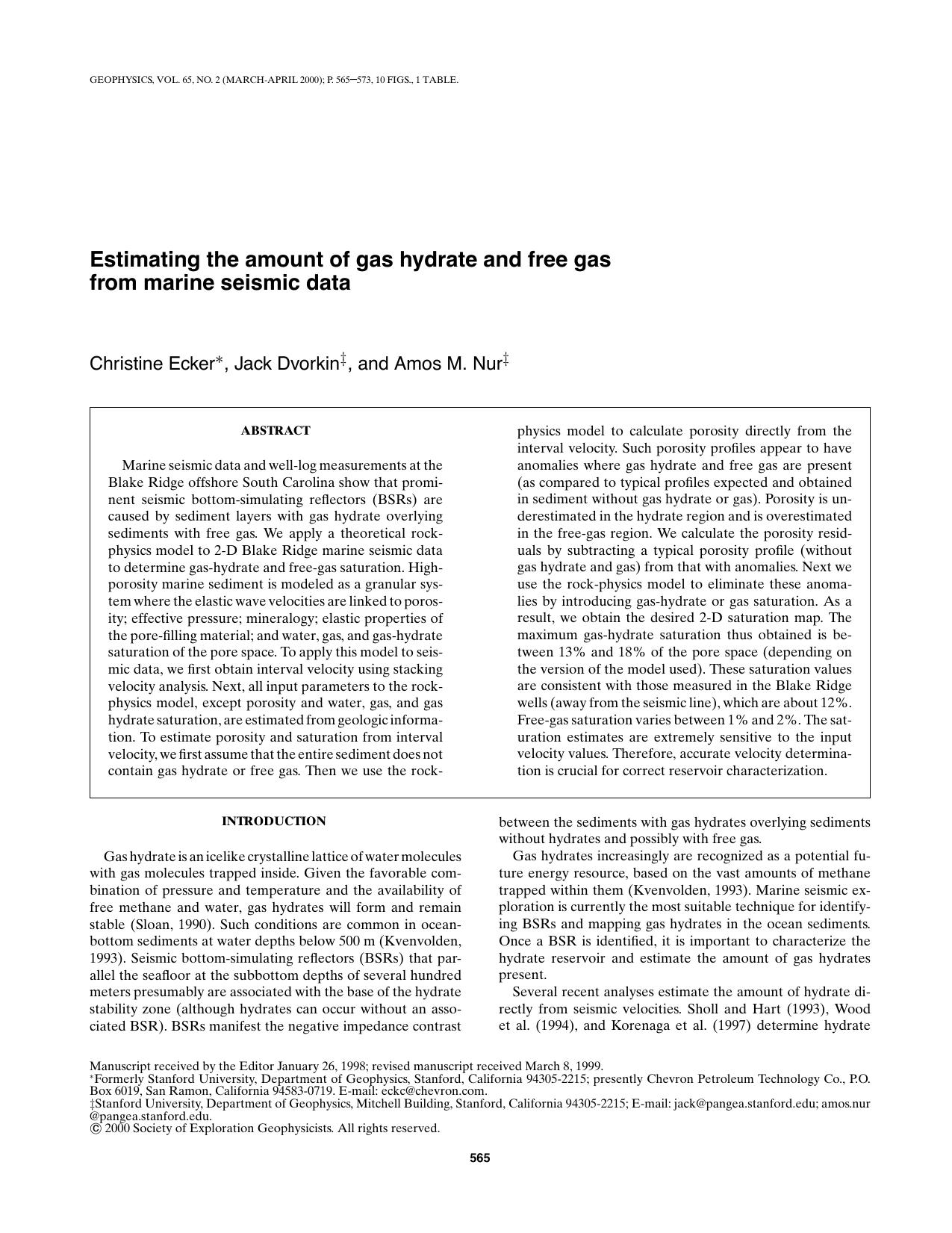Estimating the amount of gas hydrate and free gas from marine seismic data by C. Ecker J. Dvorkin A.M. Nur