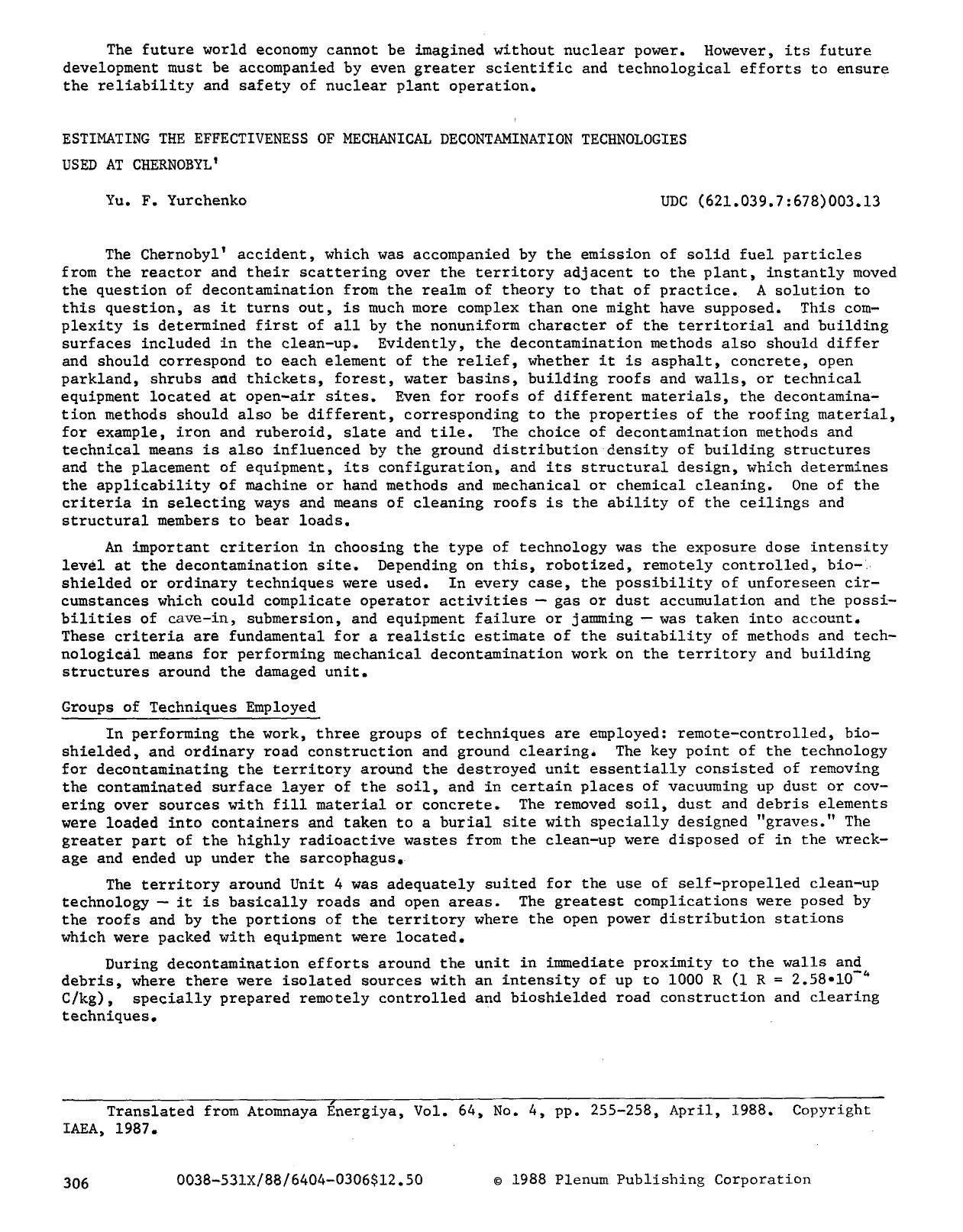 Estimating the effectiveness of mechanical decontamination technologies used at Chernobyl' by Unknown
