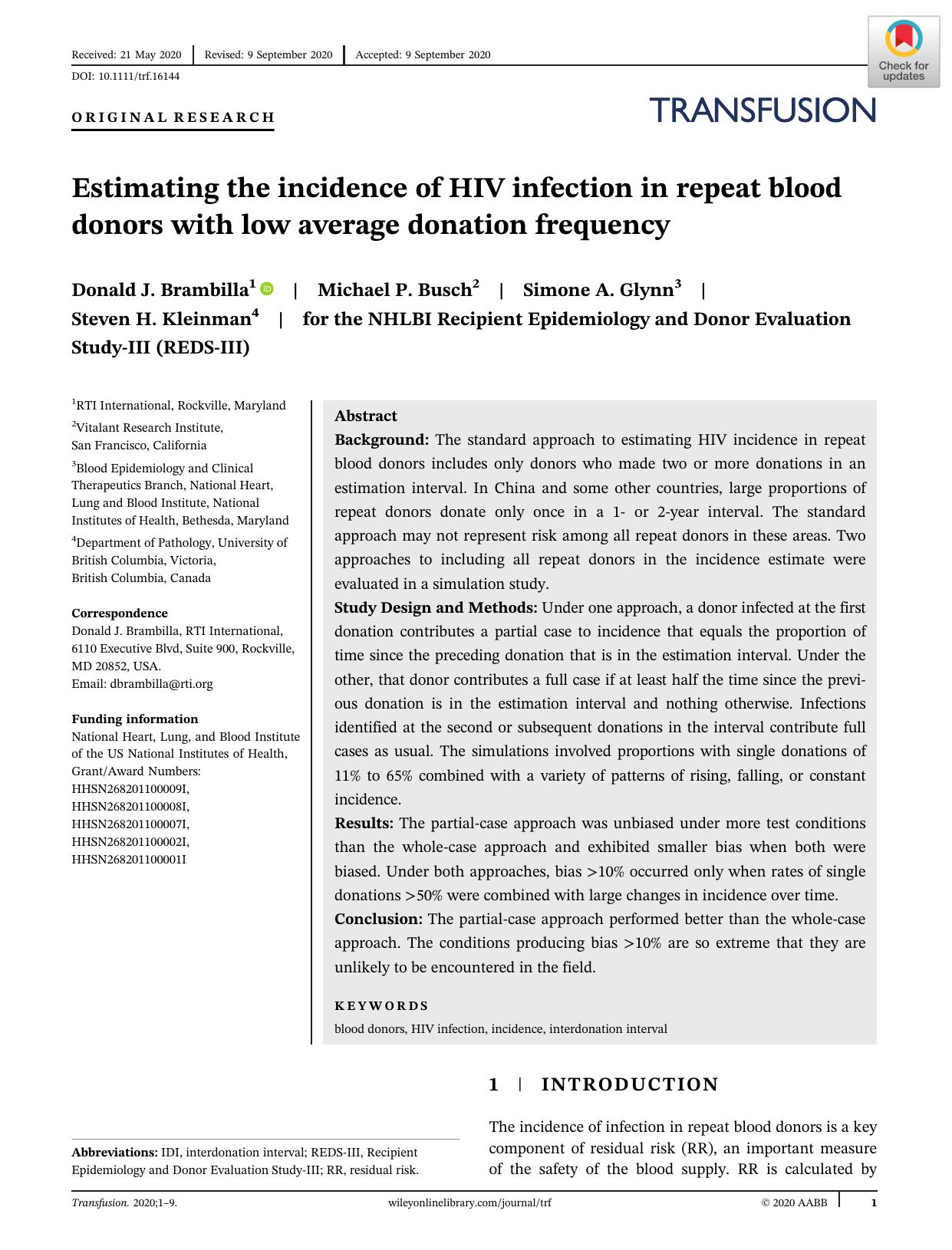 Estimating the incidence of HIV infection in repeat blood donors with low average donation frequency by Unknown