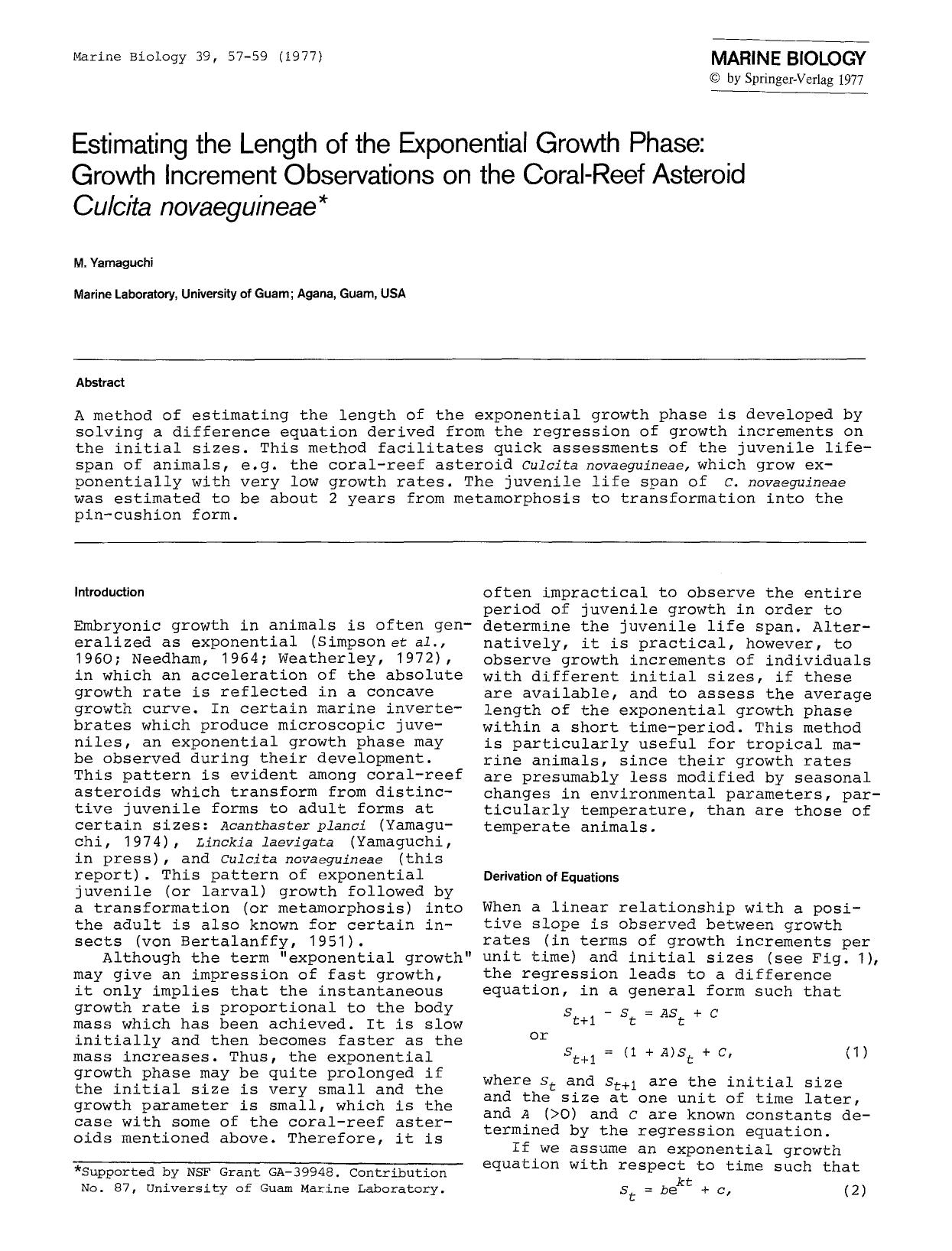 Estimating the length of the exponential growth phase: Growth increment observations on the coral-reef asteroid <Emphasis Type="Italic">Culcita novaeguineae<Emphasis> by Unknown