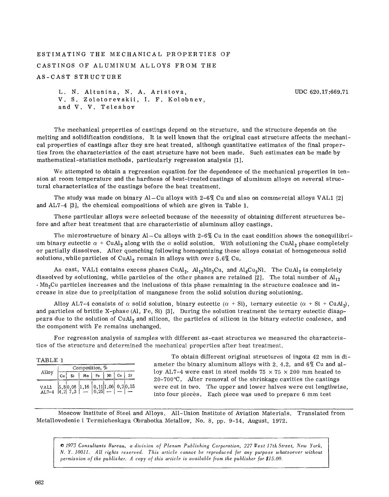 Estimating the mechanical properties of castings of aluminum alloys from the as-cast structure by Unknown