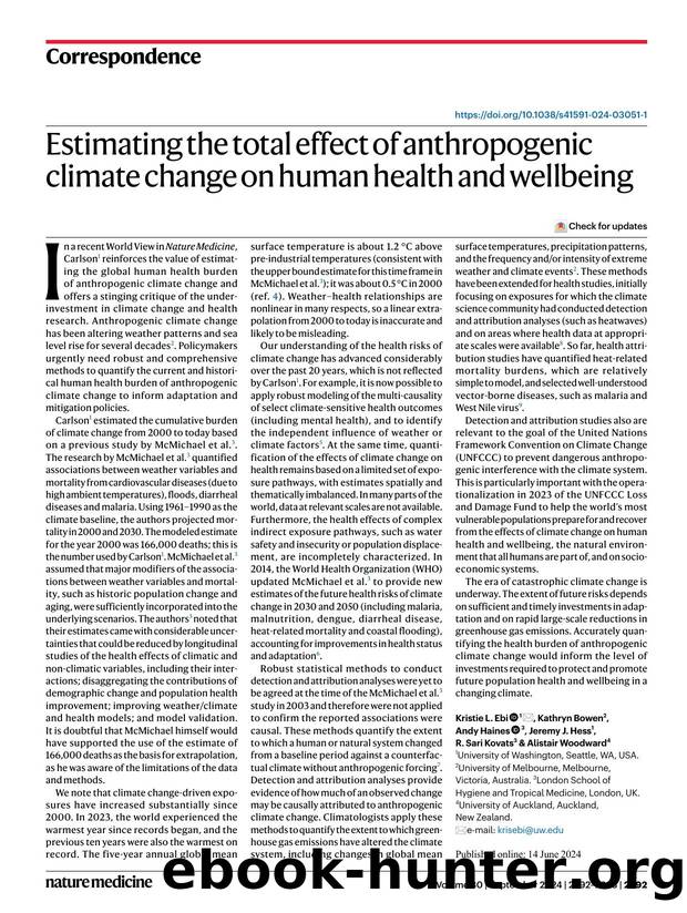 Estimating the total effect of anthropogenic climate change on human health and wellbeing by Kristie L. Ebi & Kathryn Bowen & Andy Haines & Jeremy J. Hess & R. Sari Kovats & Alistair Woodward