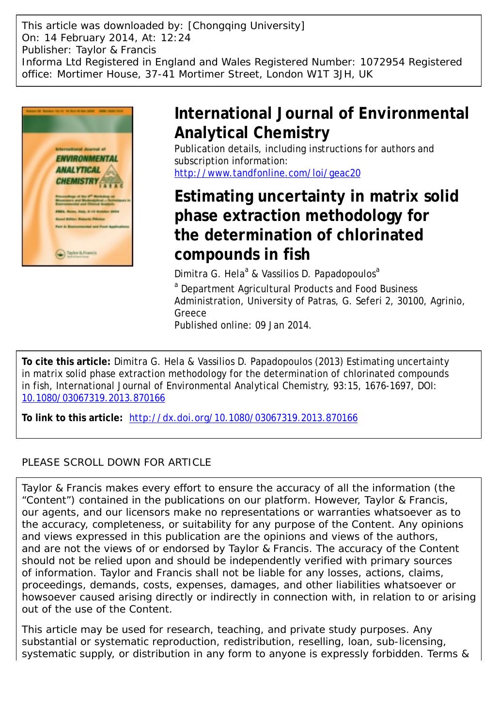 Estimating uncertainty in matrix solid phase extraction methodology for the determination of chlorinated compounds in fish by Dimitra G. Hela & Vassilios D. Papadopoulos