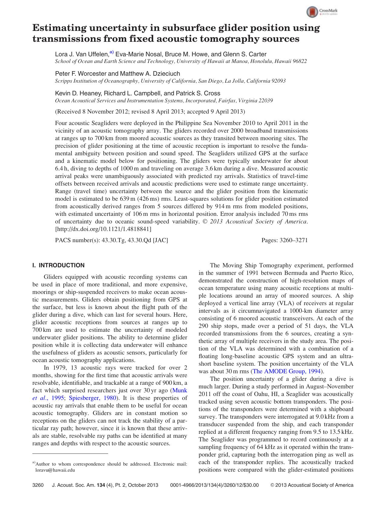 Estimating uncertainty in subsurface glider position using transmissions from fixed acoustic tomography sources by unknow