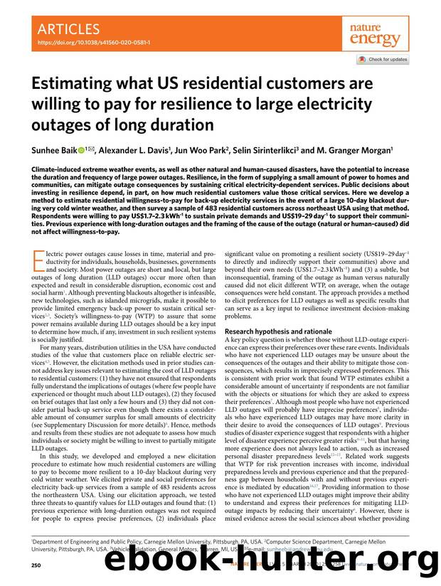 Estimating what US residential customers are willing to pay for resilience to large electricity outages of long duration by Sunhee Baik & Alexander L. Davis & Jun Woo Park & Selin Sirinterlikci & M. Granger Morgan