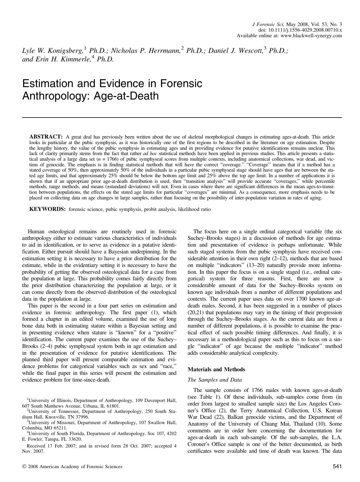 Estimation and Evidence in Forensic Anthropology: Age-at-Death by Unknown