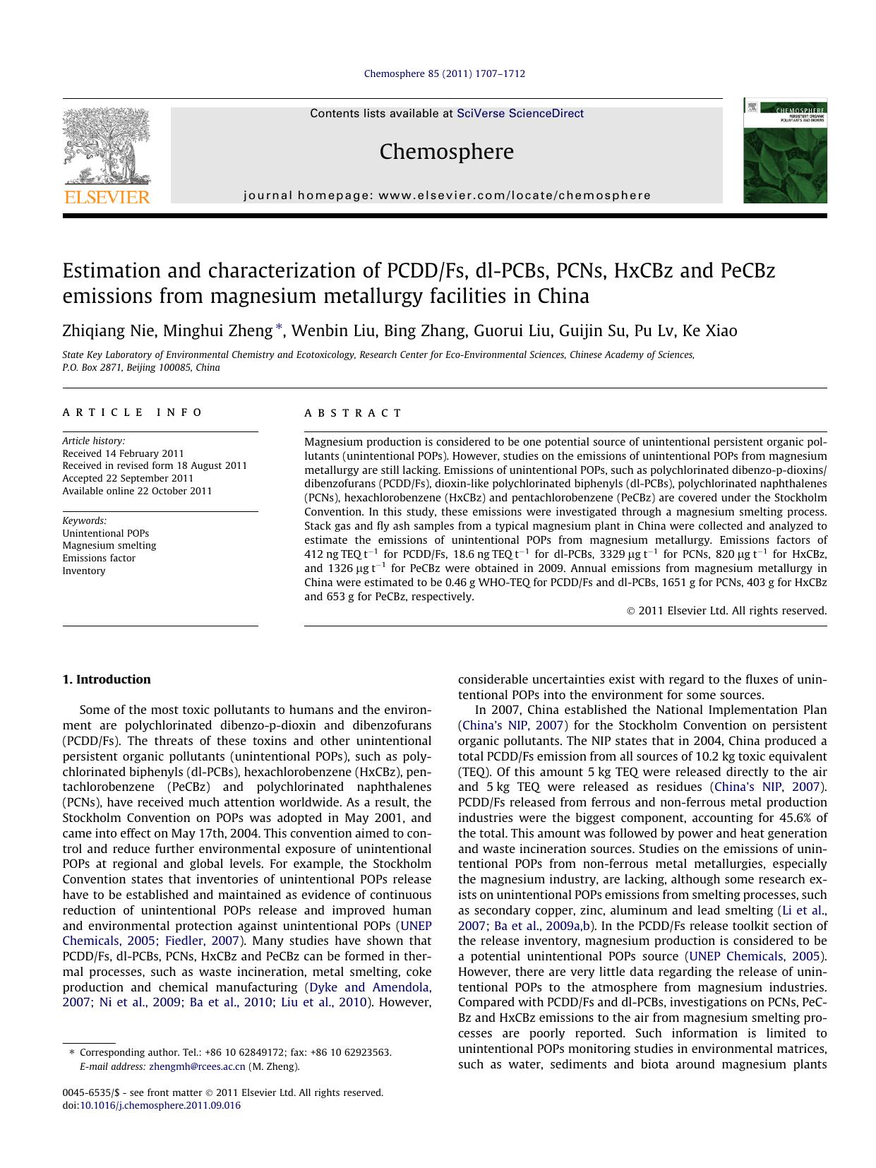 Estimation and characterization of PCDDFs, dl-PCBs, PCNs, HxCBz and PeCBz emissions from magnesium metallurgy facilities in China by Zhiqiang Nie & Minghui Zheng & Wenbin Liu & Bing Zhang & Guorui Liu & Guijin Su & Pu Lv & Ke Xiao