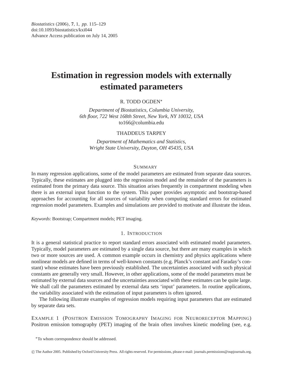 Estimation in regression models with externally estimated parameters by Ogden R.T. Tarpey T