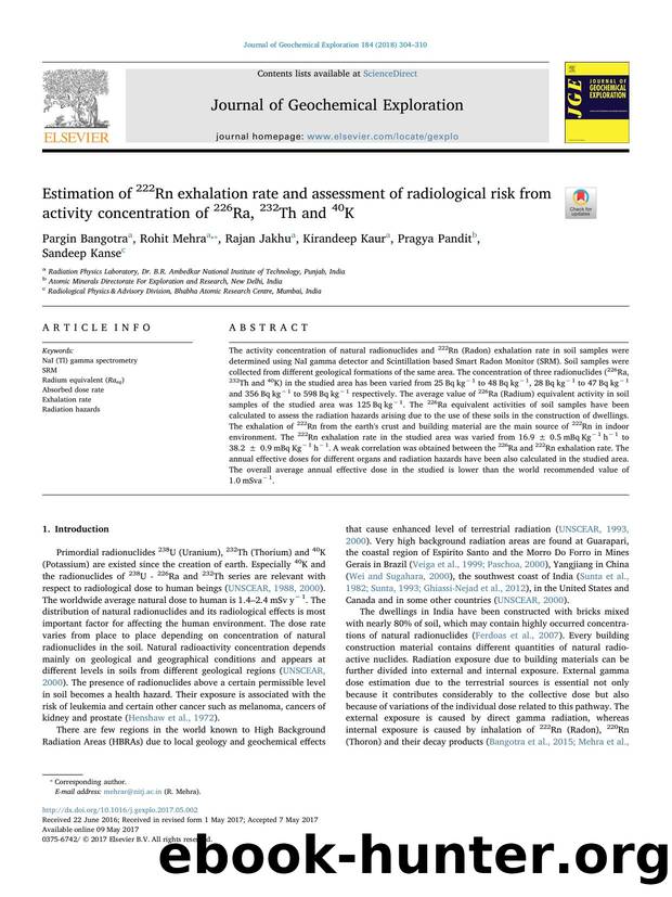 Estimation of 222Rn exhalation rate and assessment of radiological risk from activity concentration of 226Ra, 232Th and 40K by Pargin Bangotra & Rohit Mehra & Rajan Jakhu & Kirandeep Kaur & Pragya Pandit & Sandeep Kanse